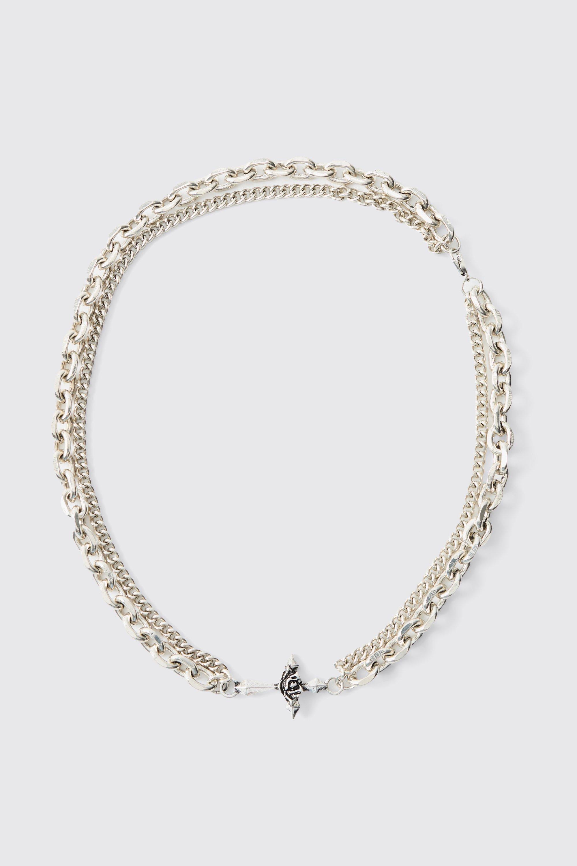Collana in metallo con pendente a croce e rosa, Grigio