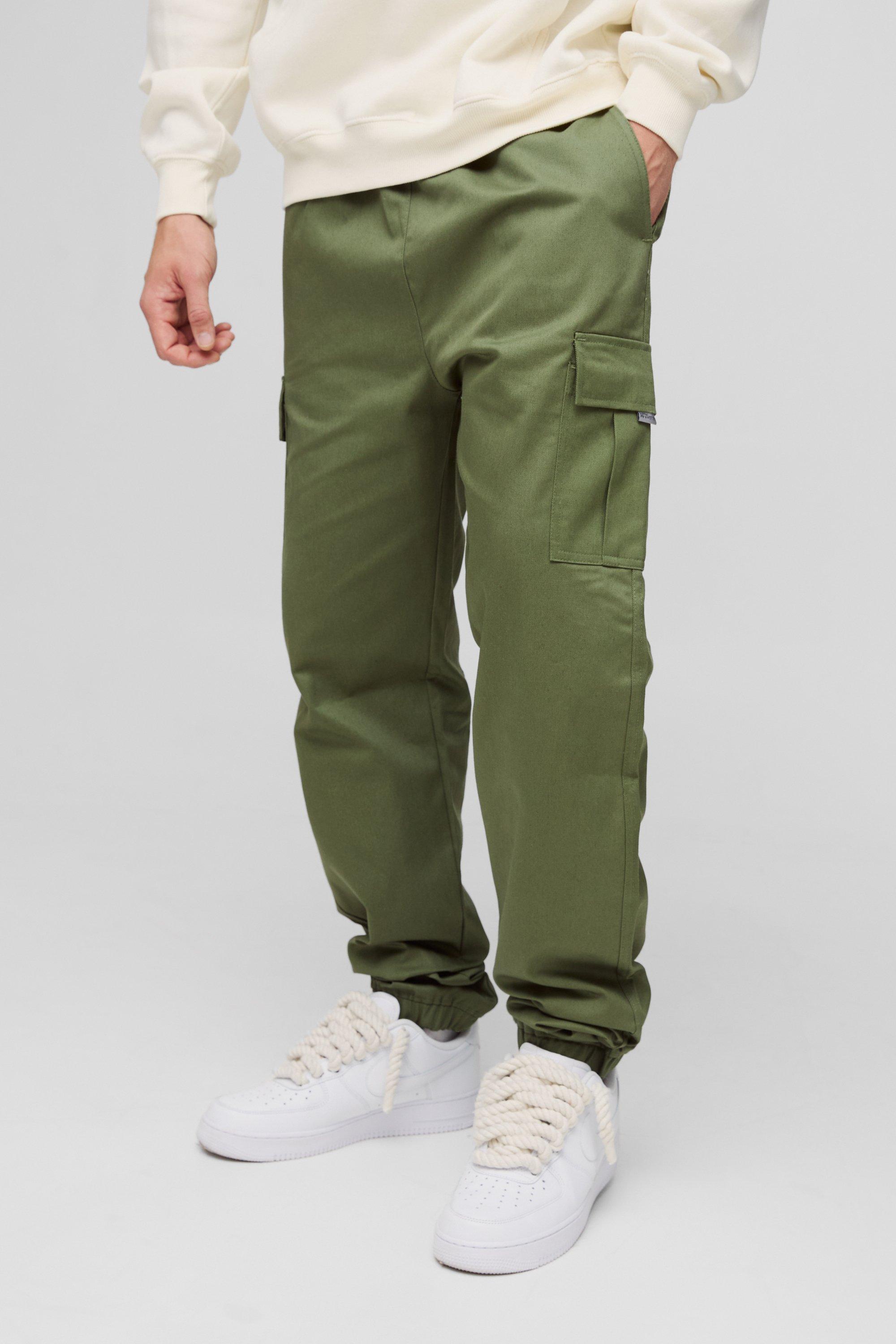 Mens Green Slim Fit Elasticated Waist Woven Tab Cuffed Cargo Trousers, Green