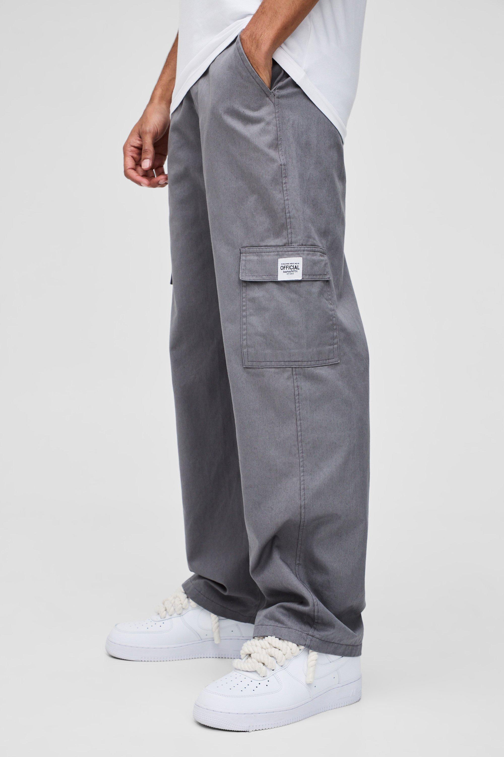 Boohoo Relaxed Fit Fixed Waist Woven Tab Cargo Pants, Charcoal