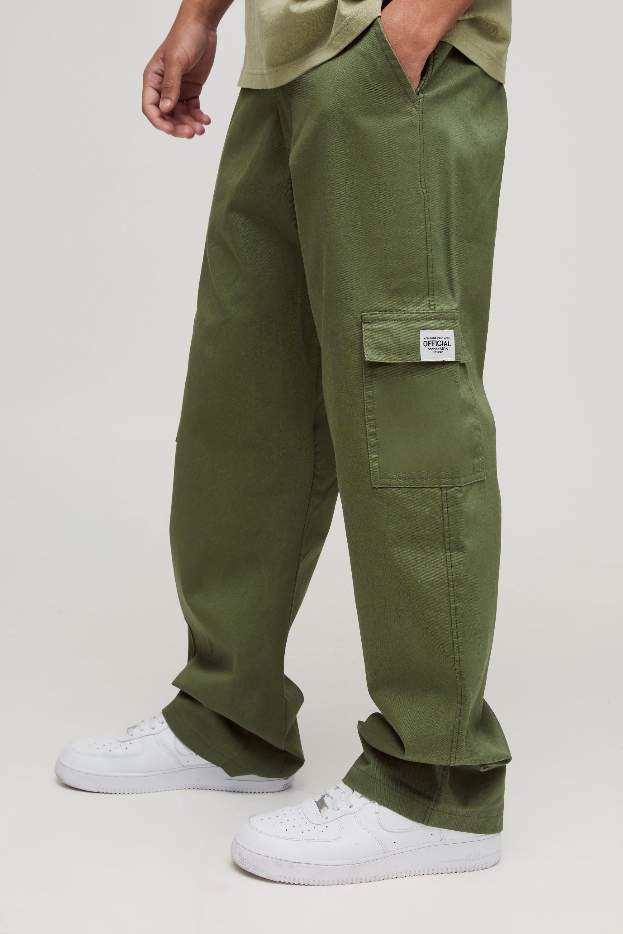 Mens Green Relaxed Fit Fixed Waist Woven Tab Cargo Trousers, Green