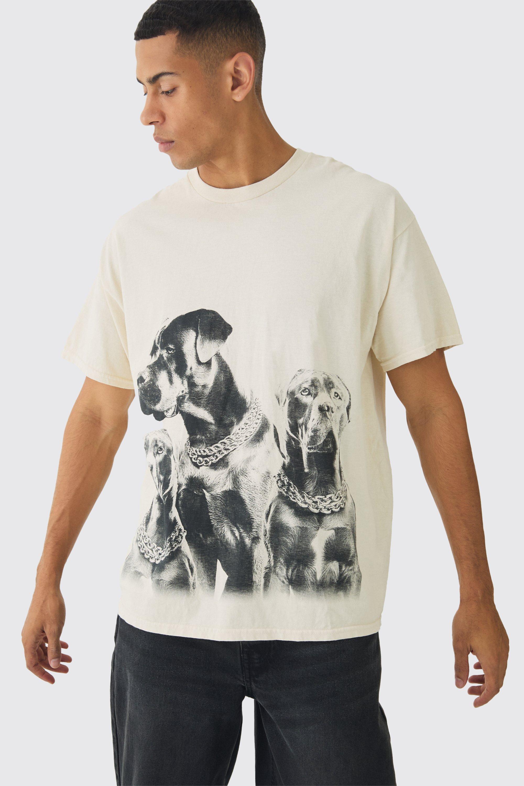 Mens Cream Washed Dog Graphic T-Shirt, Cream