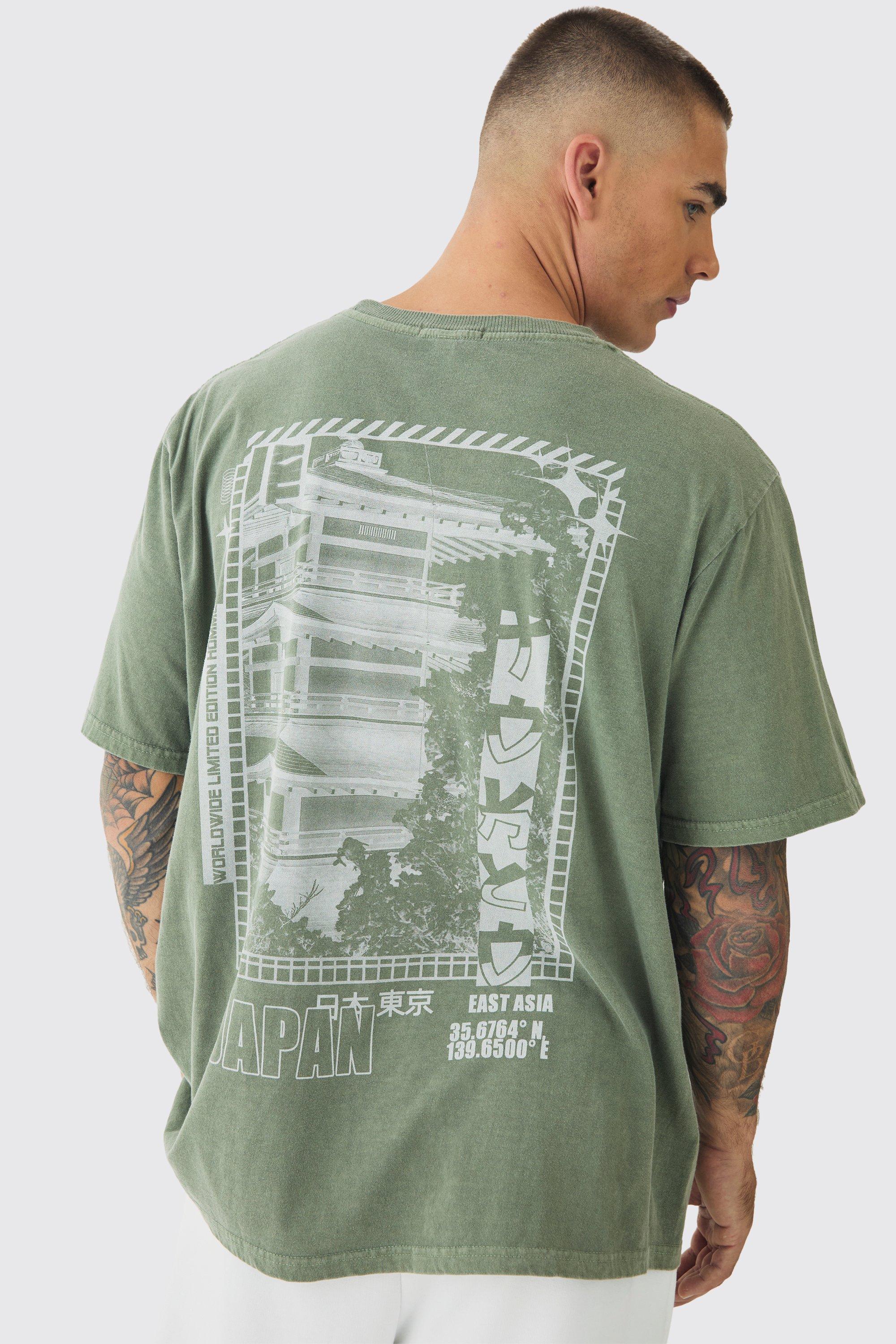 T-shirt slavata con stampa Japan sul retro, Verde