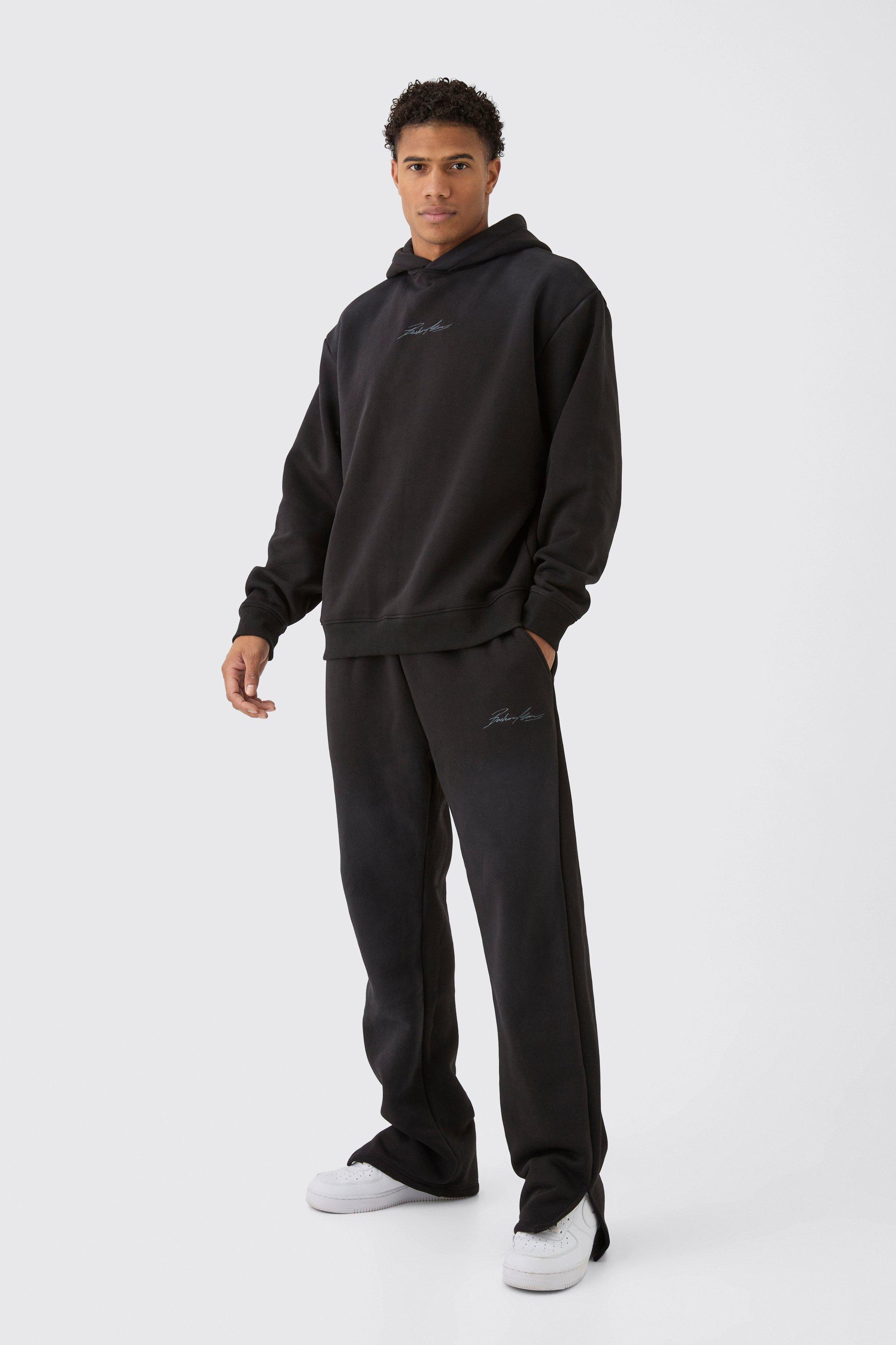 Mens Black Oversized Man Spray Wash Hooded Tracksuit, Black