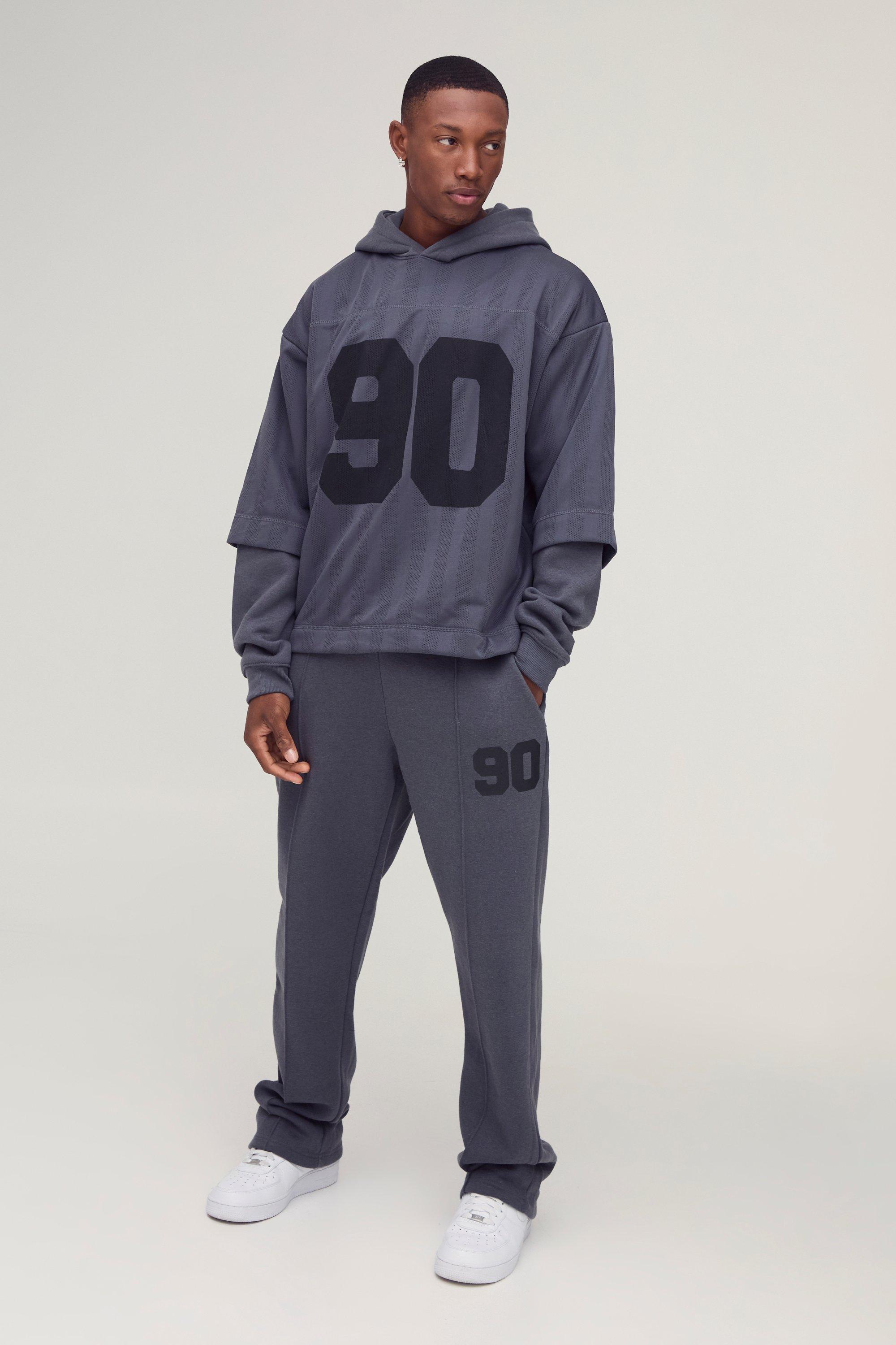 Mens Grey Oversized 90 Printed Football Tee Overlay Hooded Tracksuit, Grey