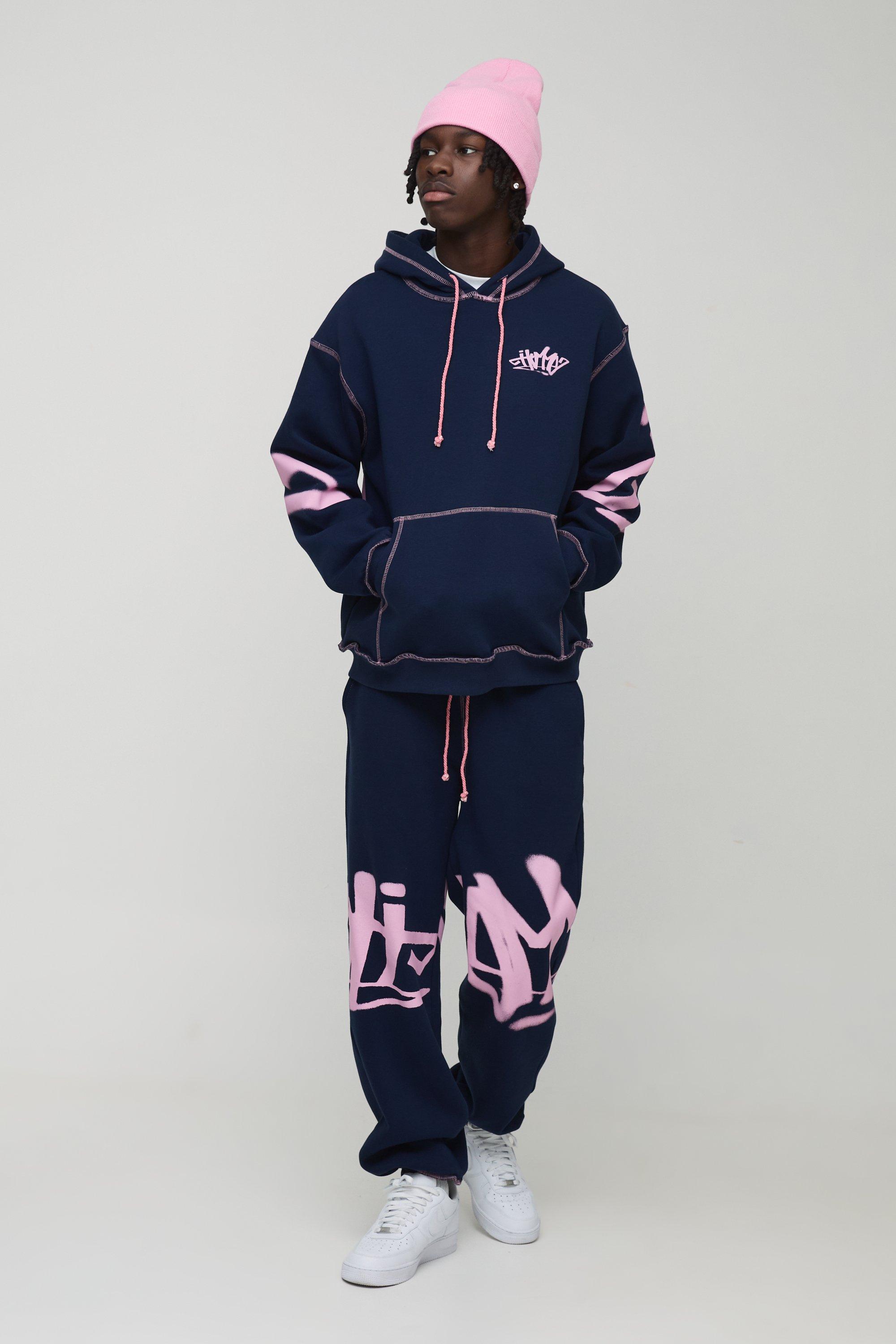 Mens Navy Oversized Man Graffiti Rope Drawcord Hooded Tracksuit, Navy