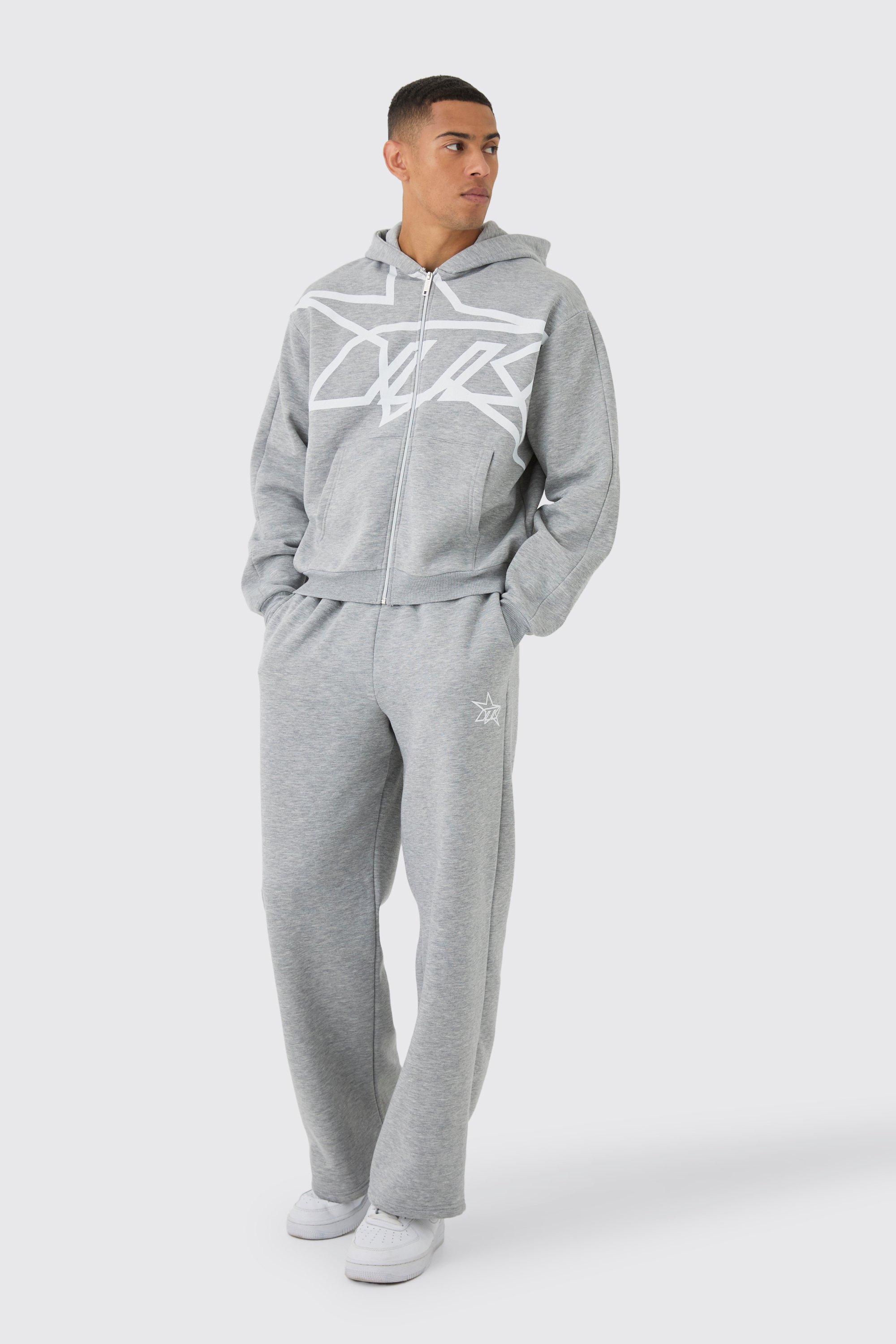 Tuta sportiva squadrata oversize con stampa di stelle, zip e cappuccio, Grigio