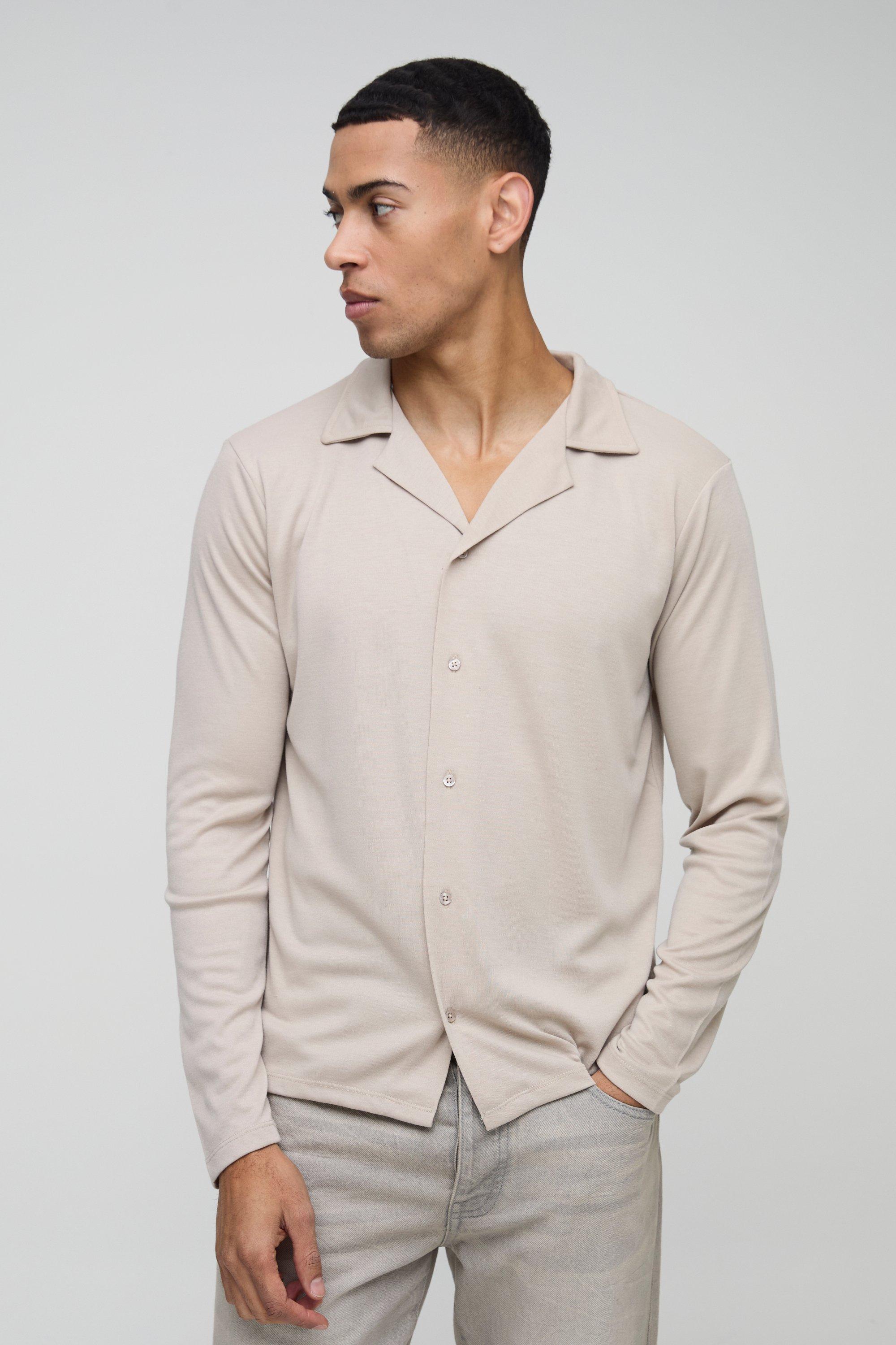 Mens Beige Regular Fit Long Sleeve Interlock Shirt, Beige
