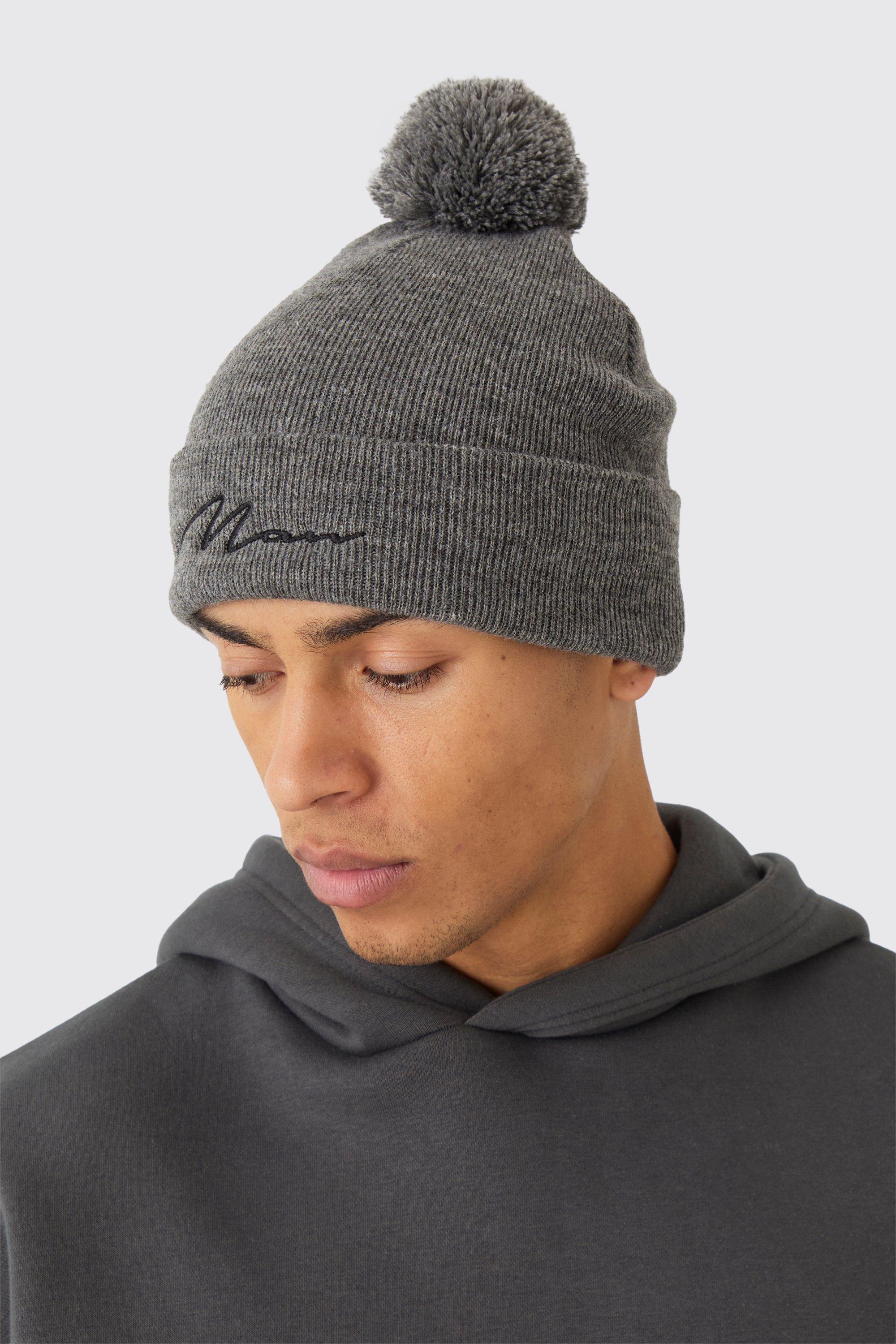 Berretto Beanie con firma Man e pon pon, Grigio