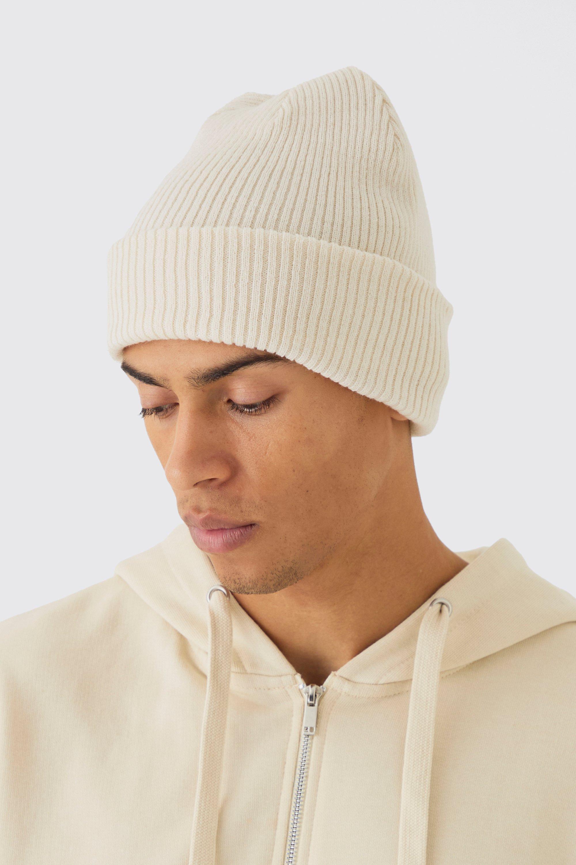 Mens White Ribbed Classic Beanie, White