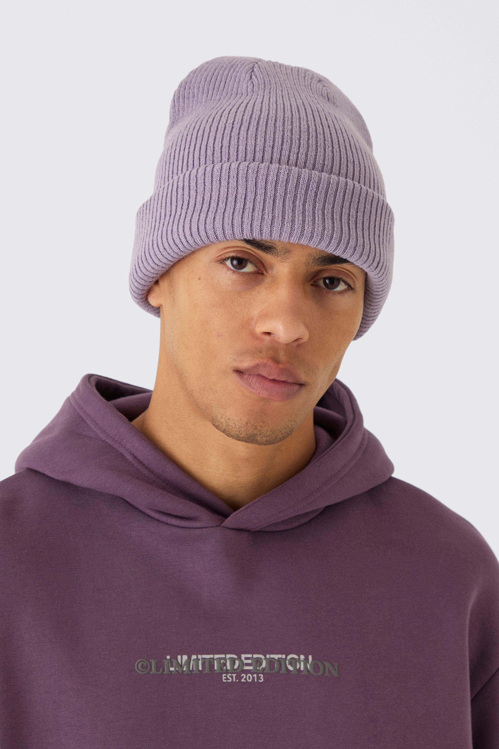 Mens Purple Ribbed Classic Beanie, Purple