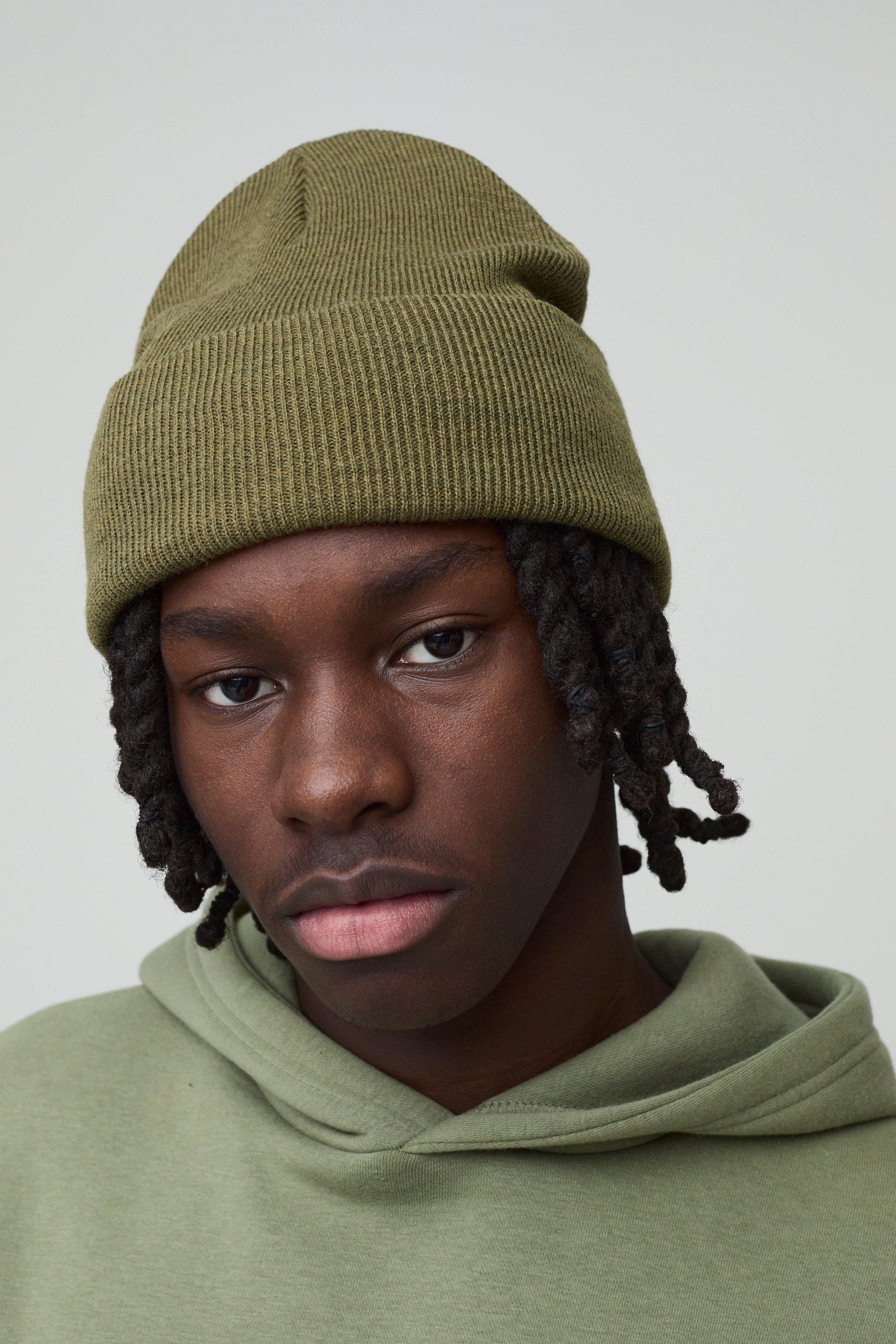 Mens Green Flat Knit Classic Beanie, Green