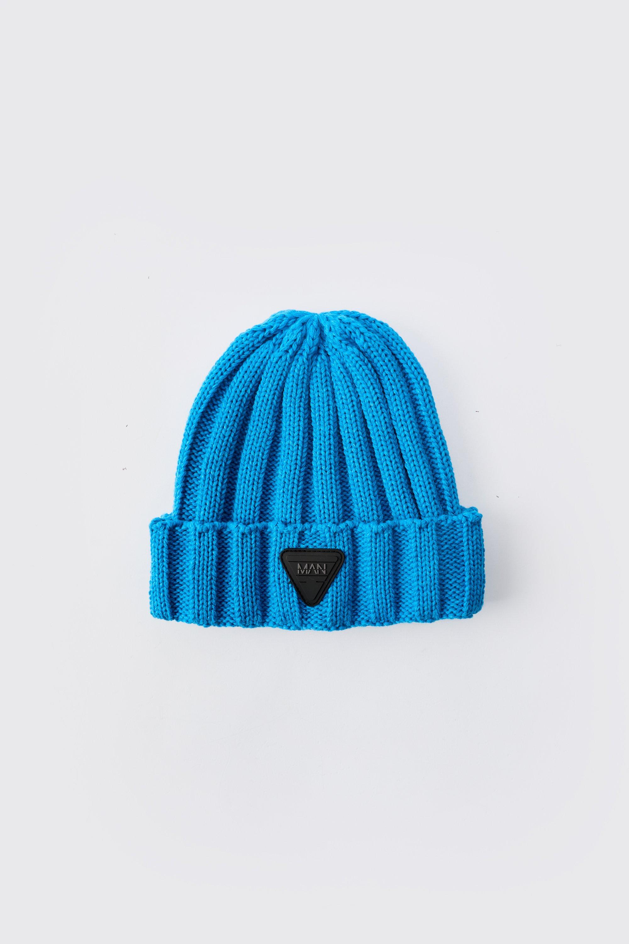 Mens Blue Rubber Branded Chunky Beanie, Blue