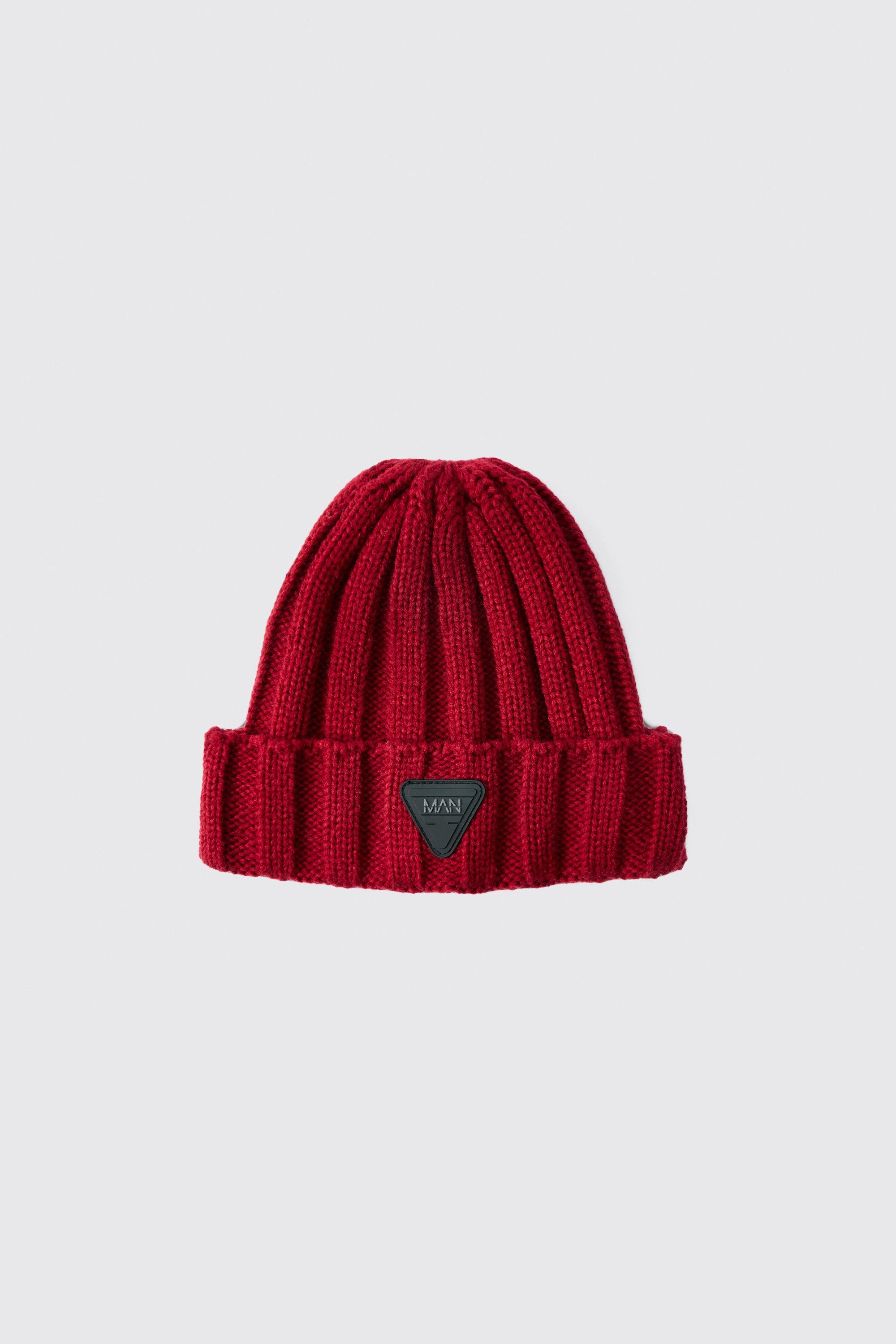 Mens Red Rubber Branded Chunky Beanie, Red