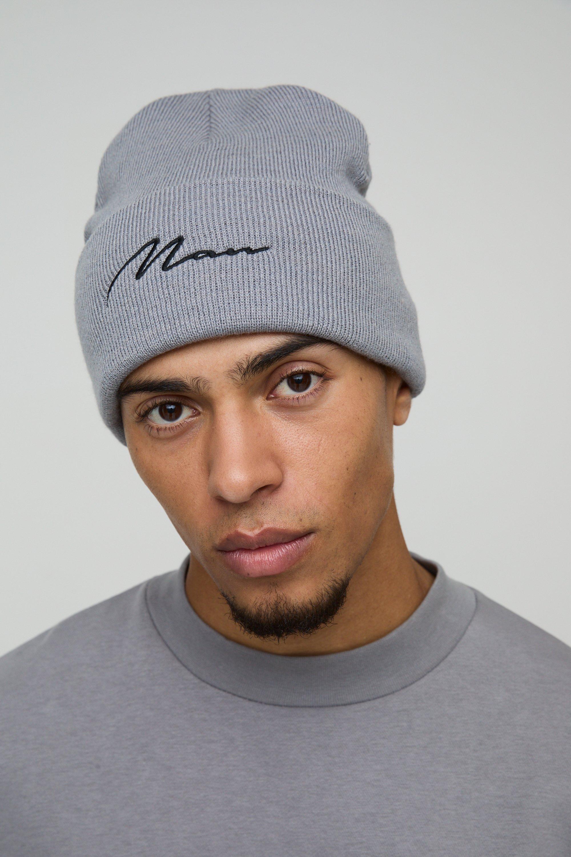 Mens Grey Flat Knit Man Script Micro Beanie, Grey