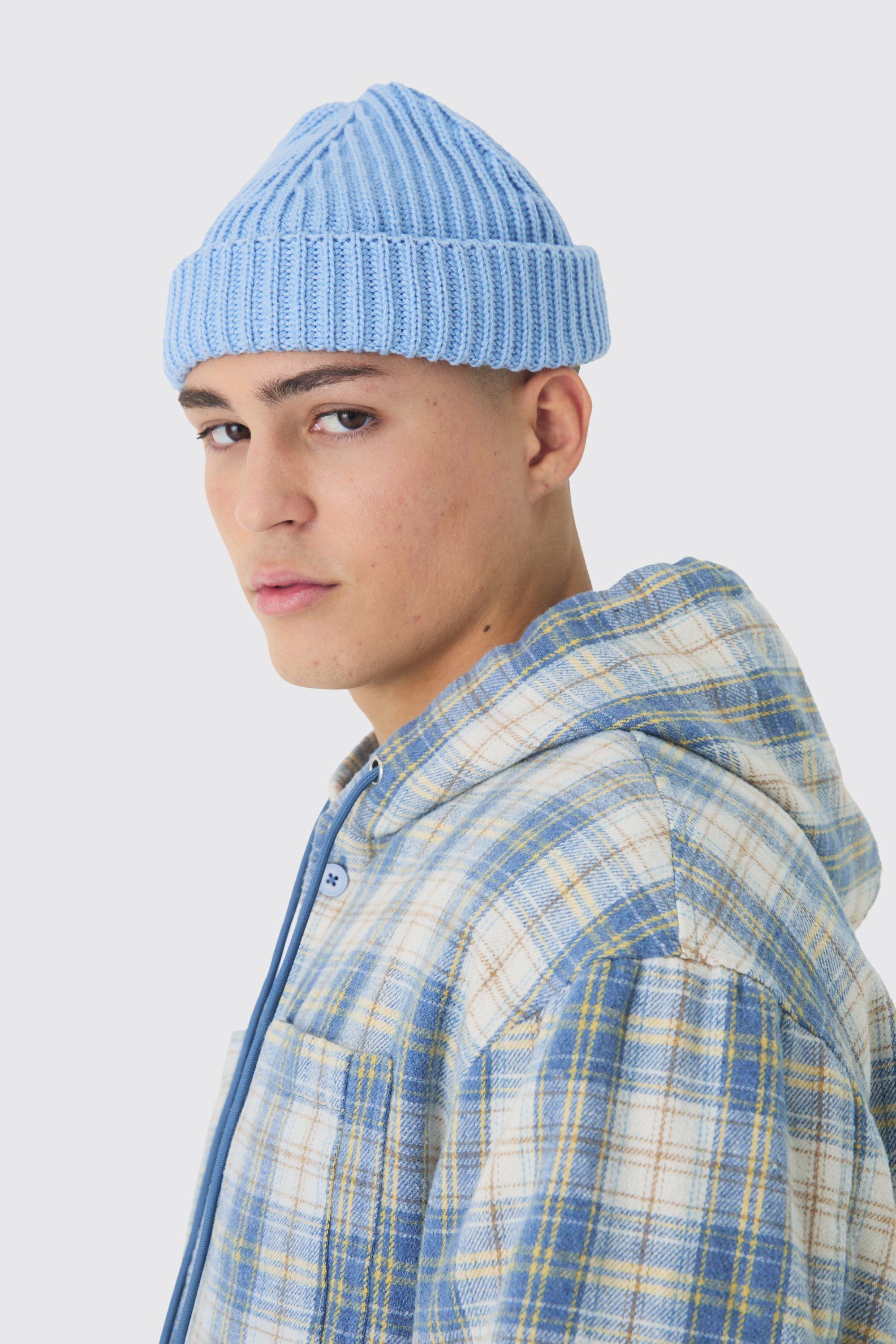 Mens Blue Ribbed Micro Beanie, Blue