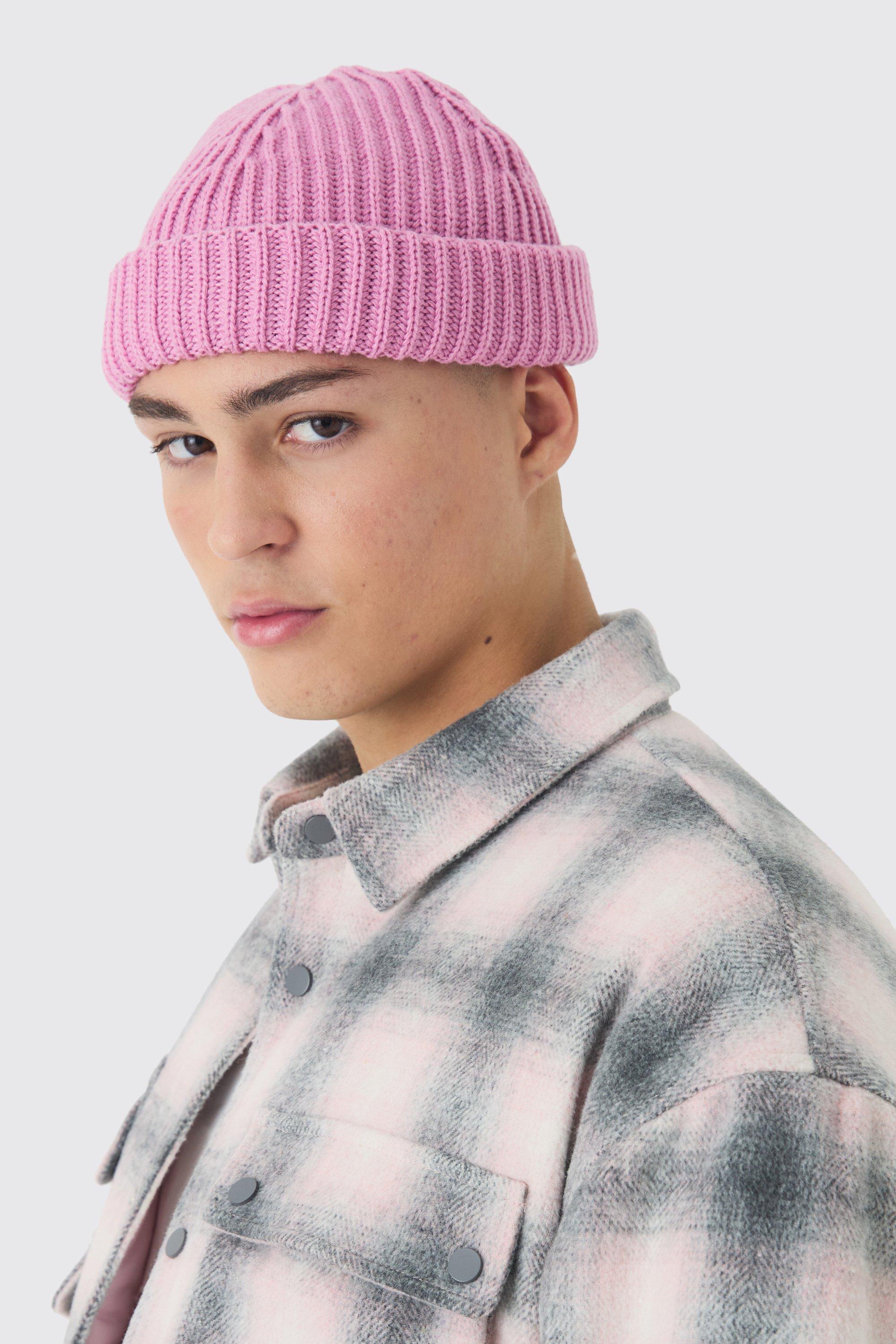 Mens Pink Ribbed Micro Beanie, Pink