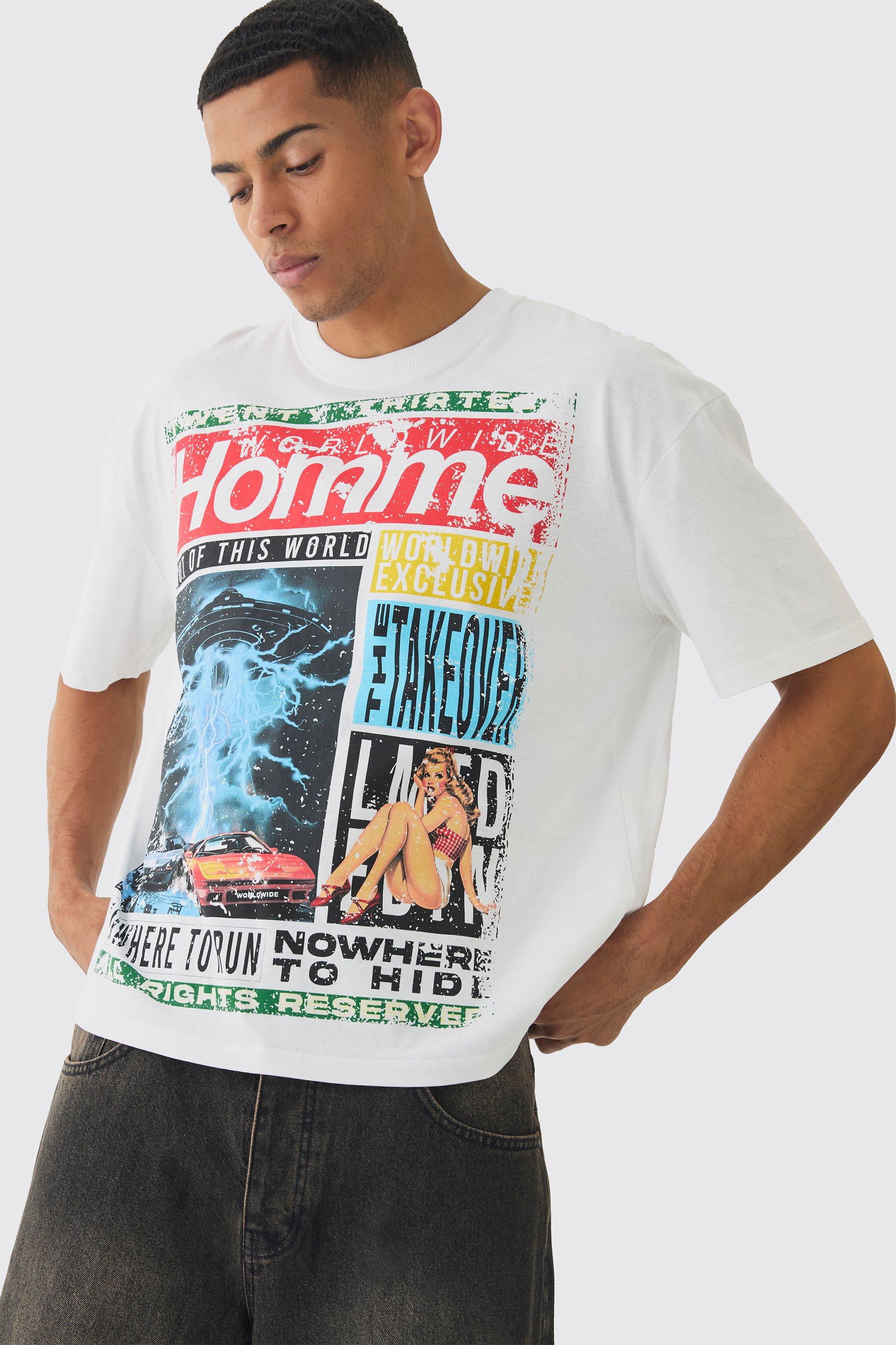 T-shirt squadrata oversize con grafica Homme Magazine, Bianco
