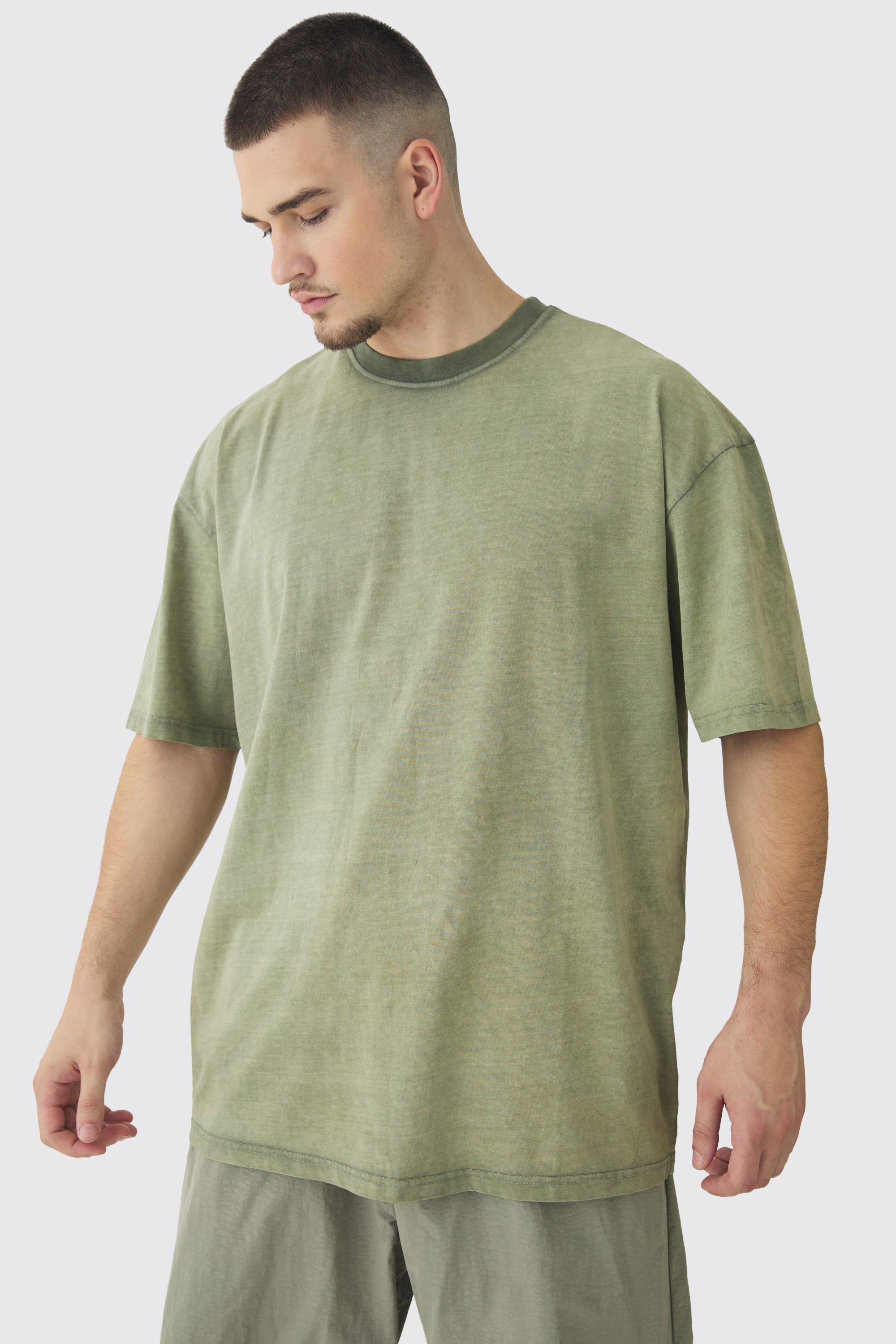 Mens Green Tall Oversized Acid Wash T-Shirt, Green
