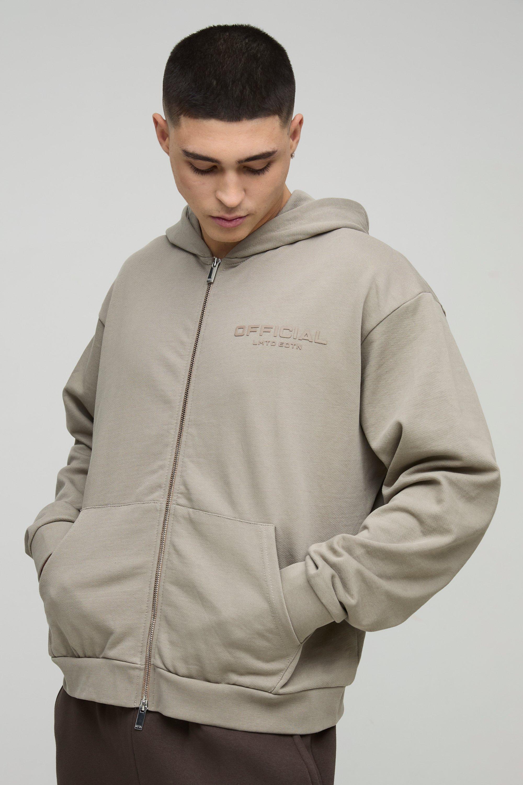 Mens Beige Oversized Boxy Heavyweight Zip Through Hoodie, Beige