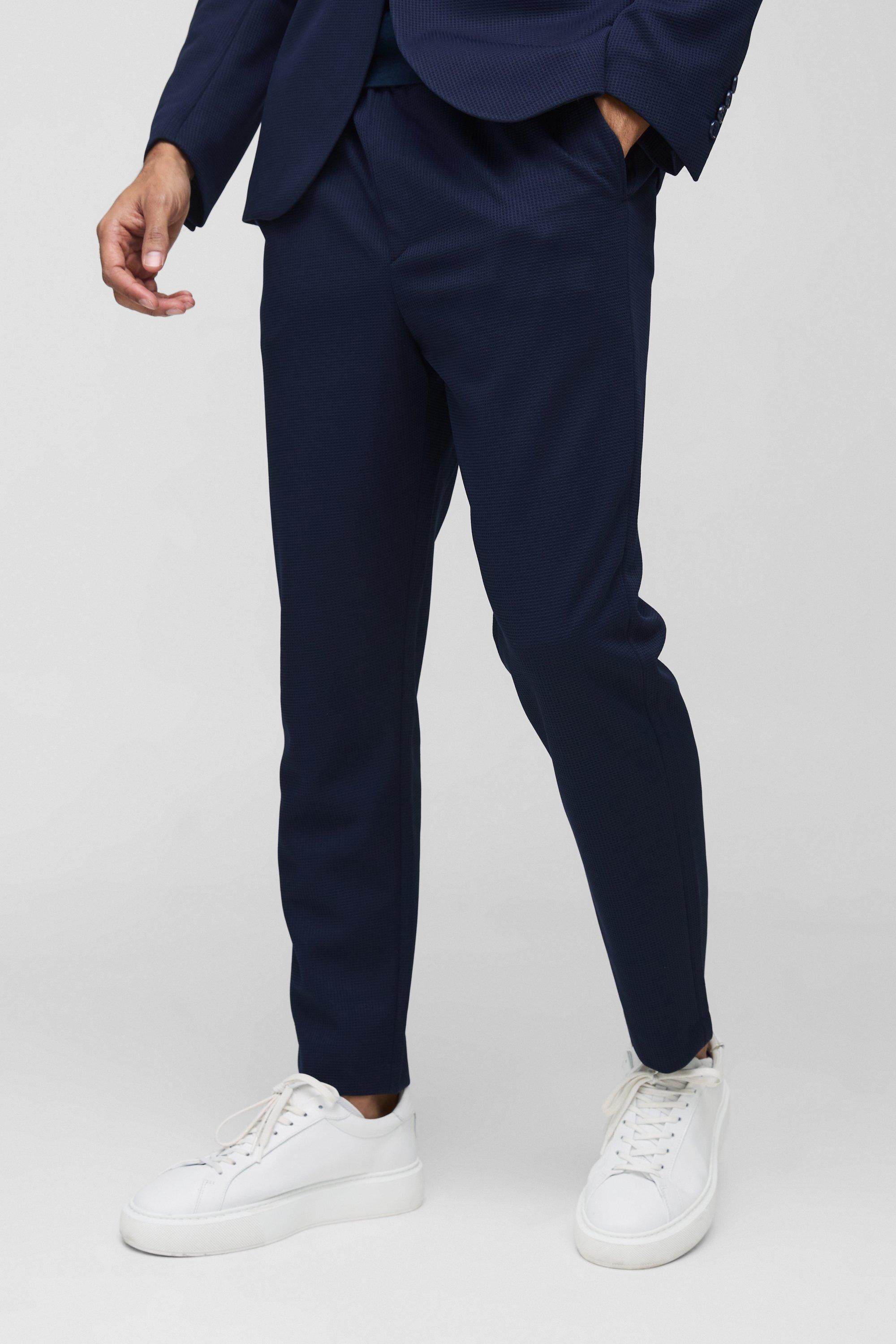 Pantaloni dritti con trama in vita elasticizzata, Navy