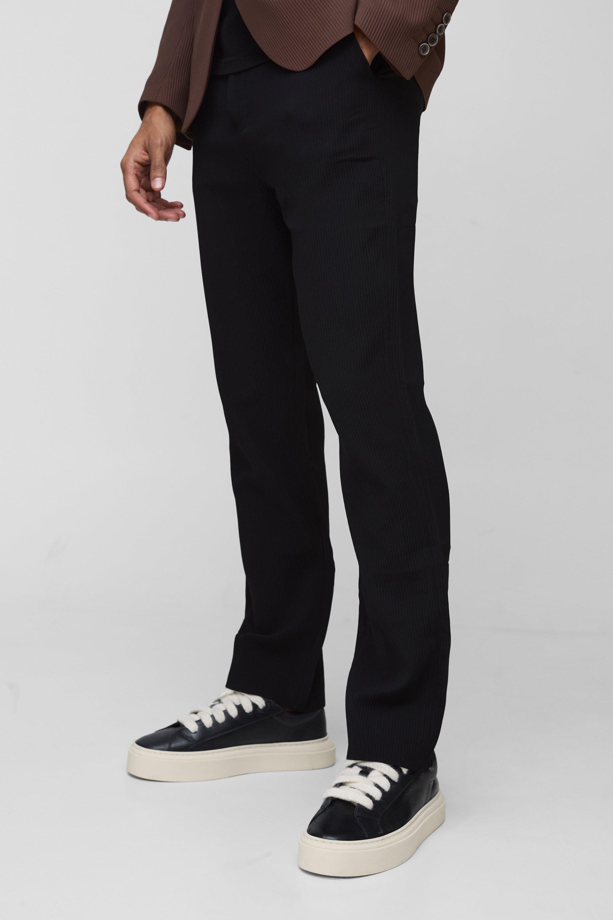 Mens Black Fixed Waist Straight Fit Pleated Trouser, Black