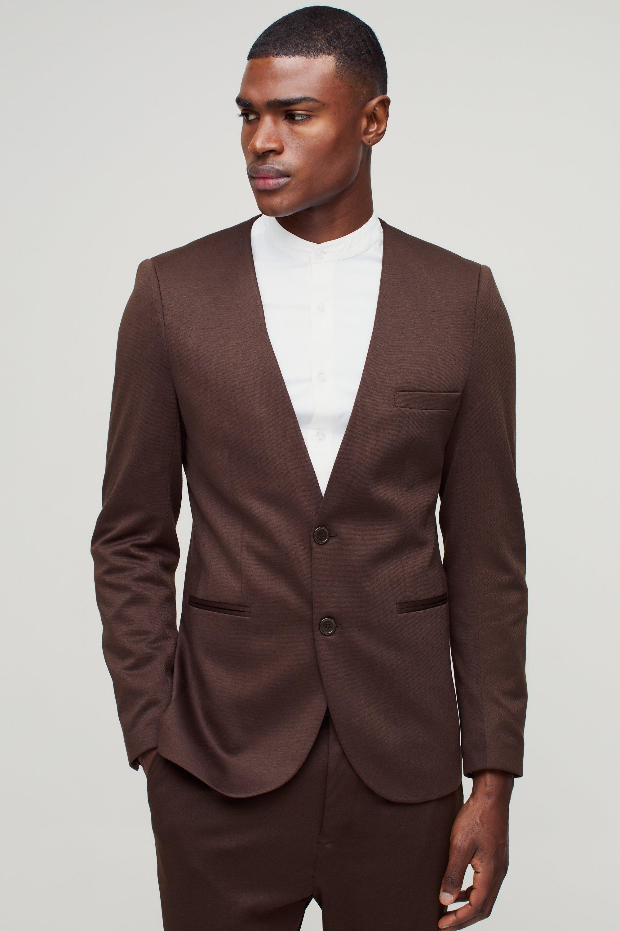 Blazer Slim Fit in jersey senza colletto, Brown