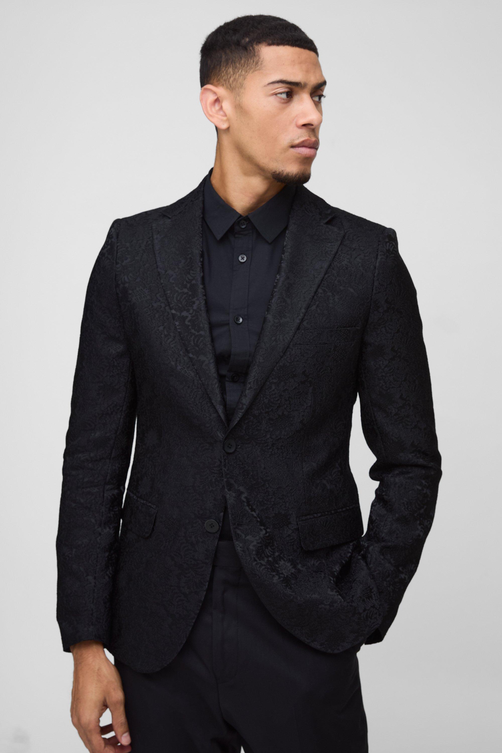 Mens Black Slim Fit Flock Velour Blazer, Black