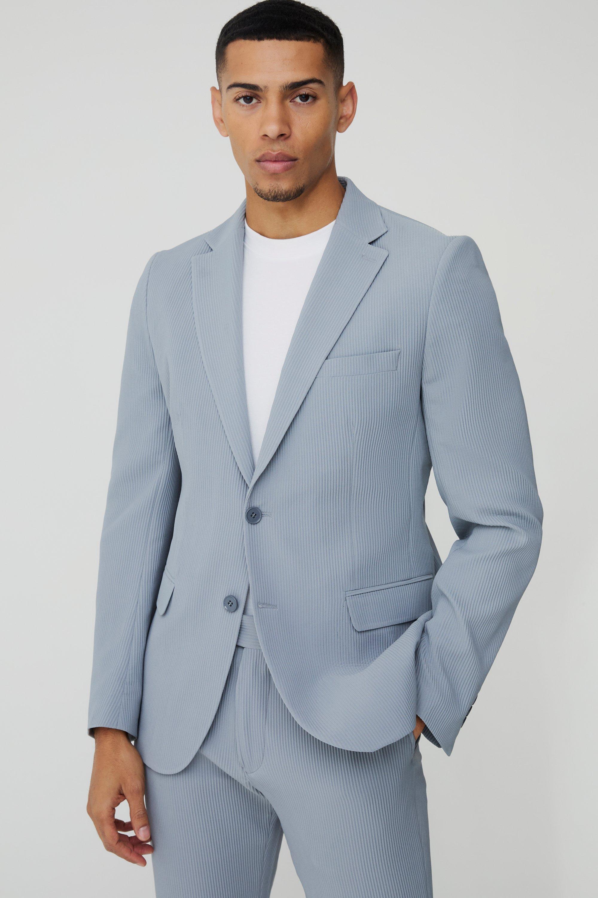 Mens Grey Slim Fit Pleated Blazer, Grey