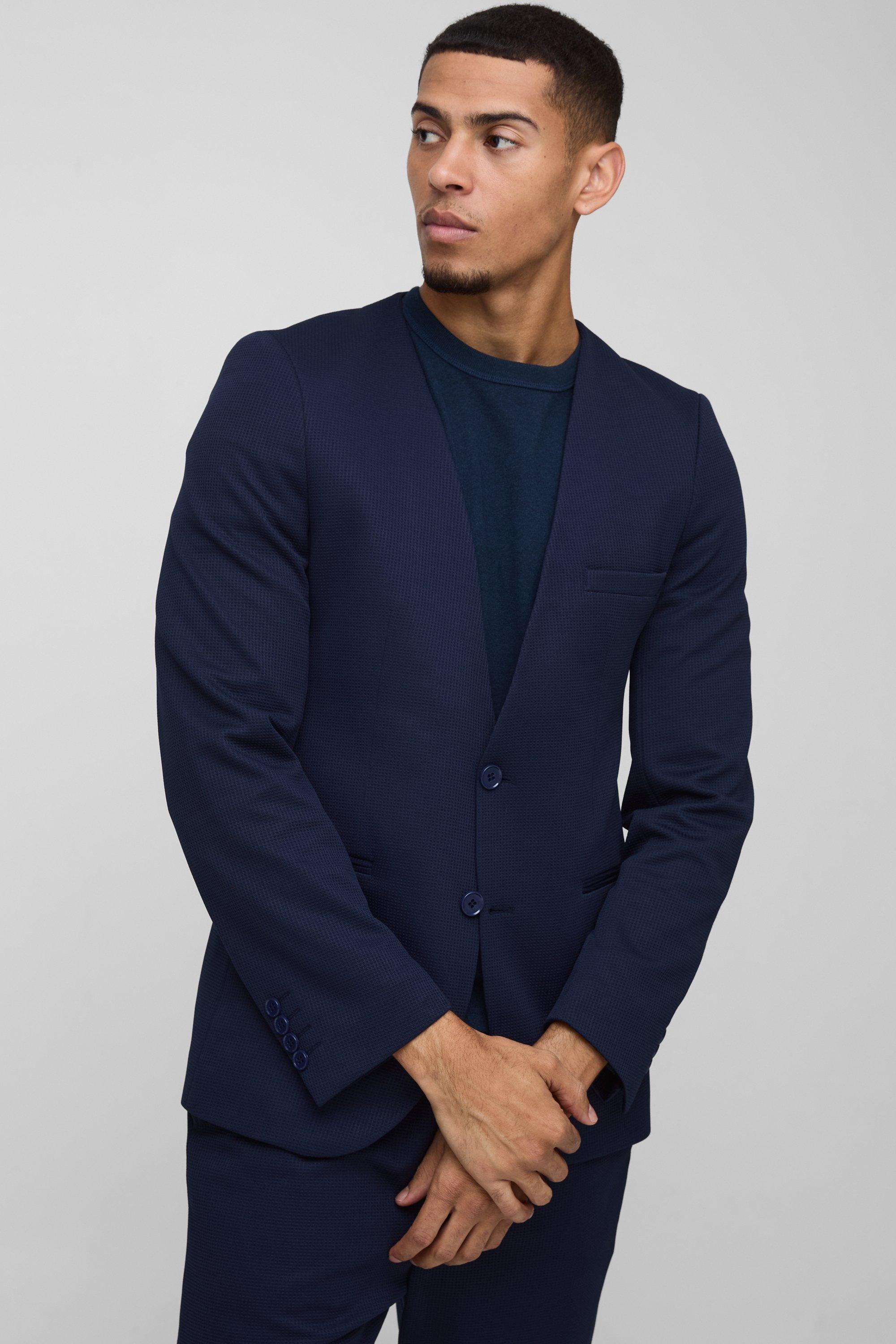 Blazer Slim Fit senza colletto con trama a nido d'ape, Navy