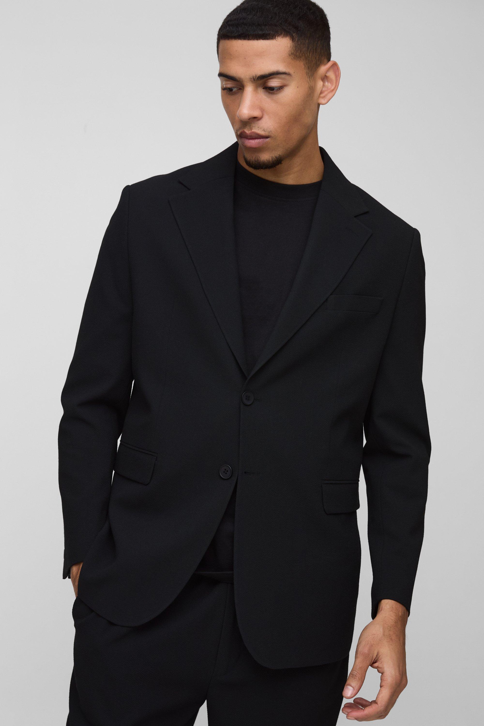 Mens Black Straight Fit Textured Stretch Blazer, Black