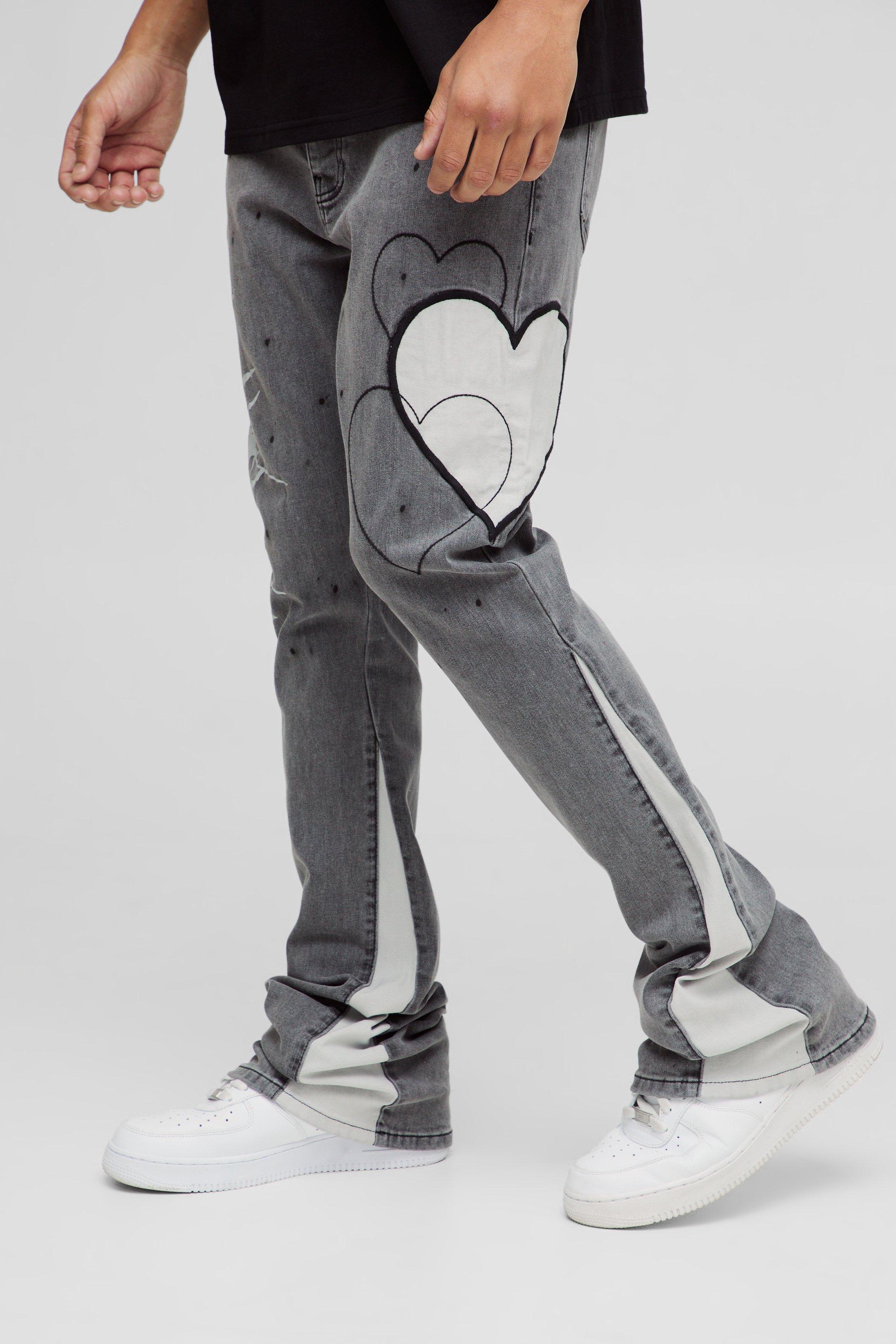 Mens Grey Skinny Stretch Stacked Flared Heart Applique Jeans, Grey