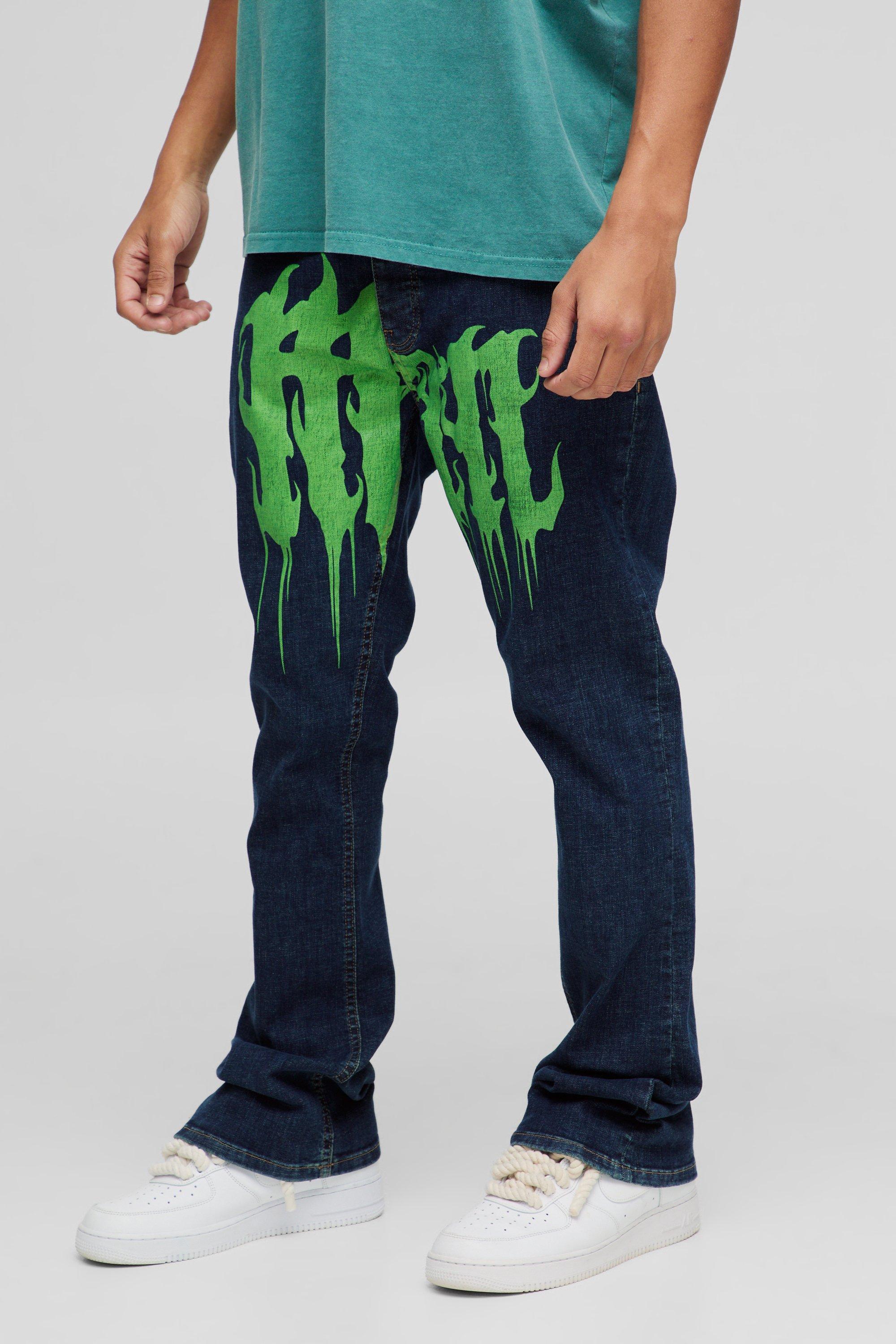 Mens Green Skinny Flared Ripped Knee Gothic Print Jeans, Green