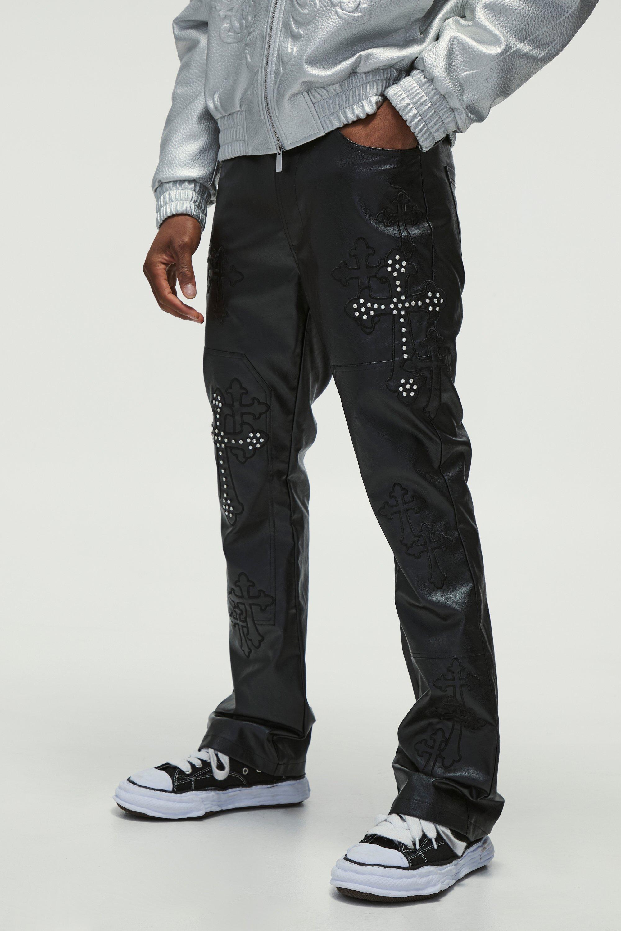 Mens Black PU Fixed Waist Slim Flare Applique Rhinestone Trouser, Black