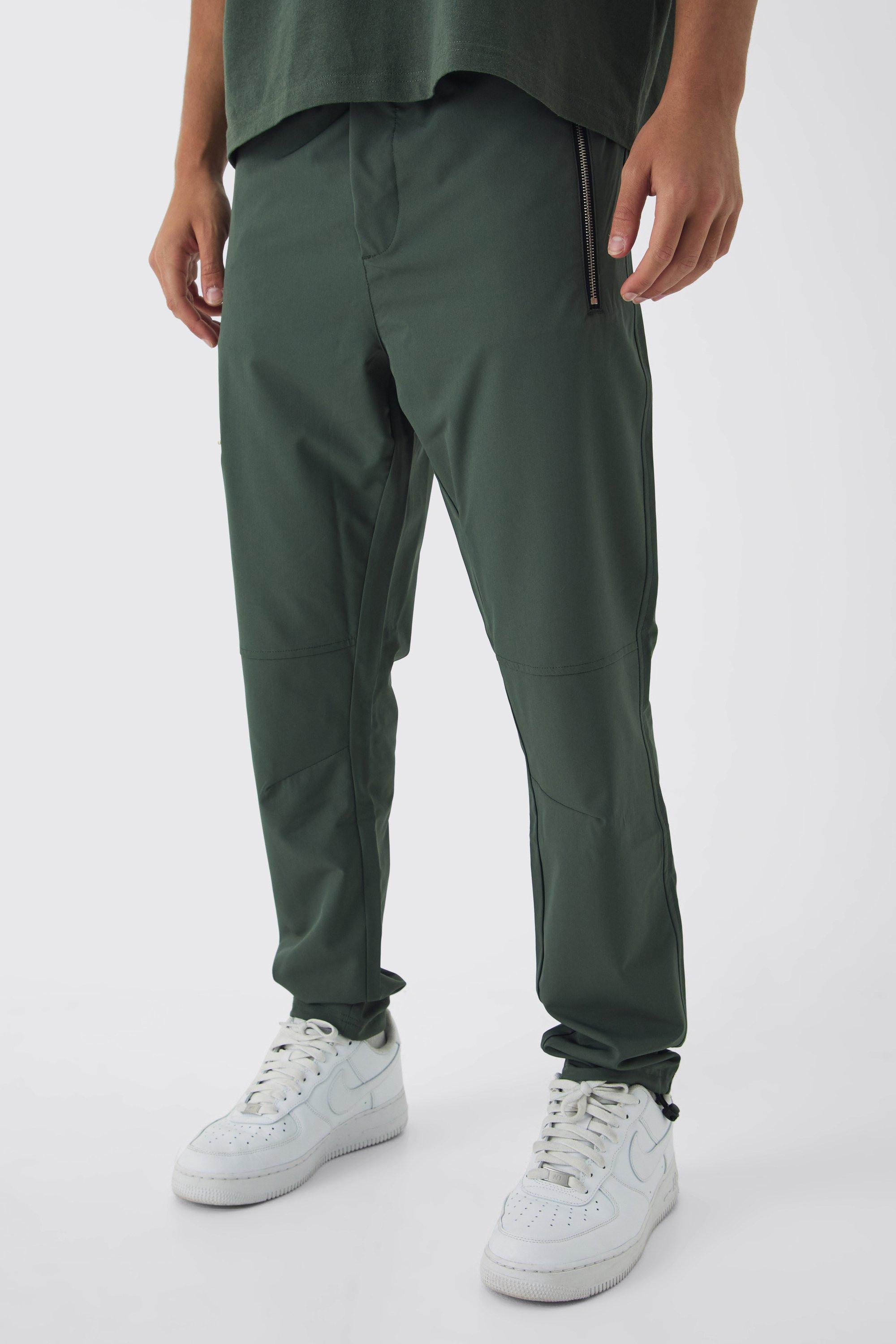 Mens Green Elasticated Waist Skinny Utility Zip Pocket Trousers, Green