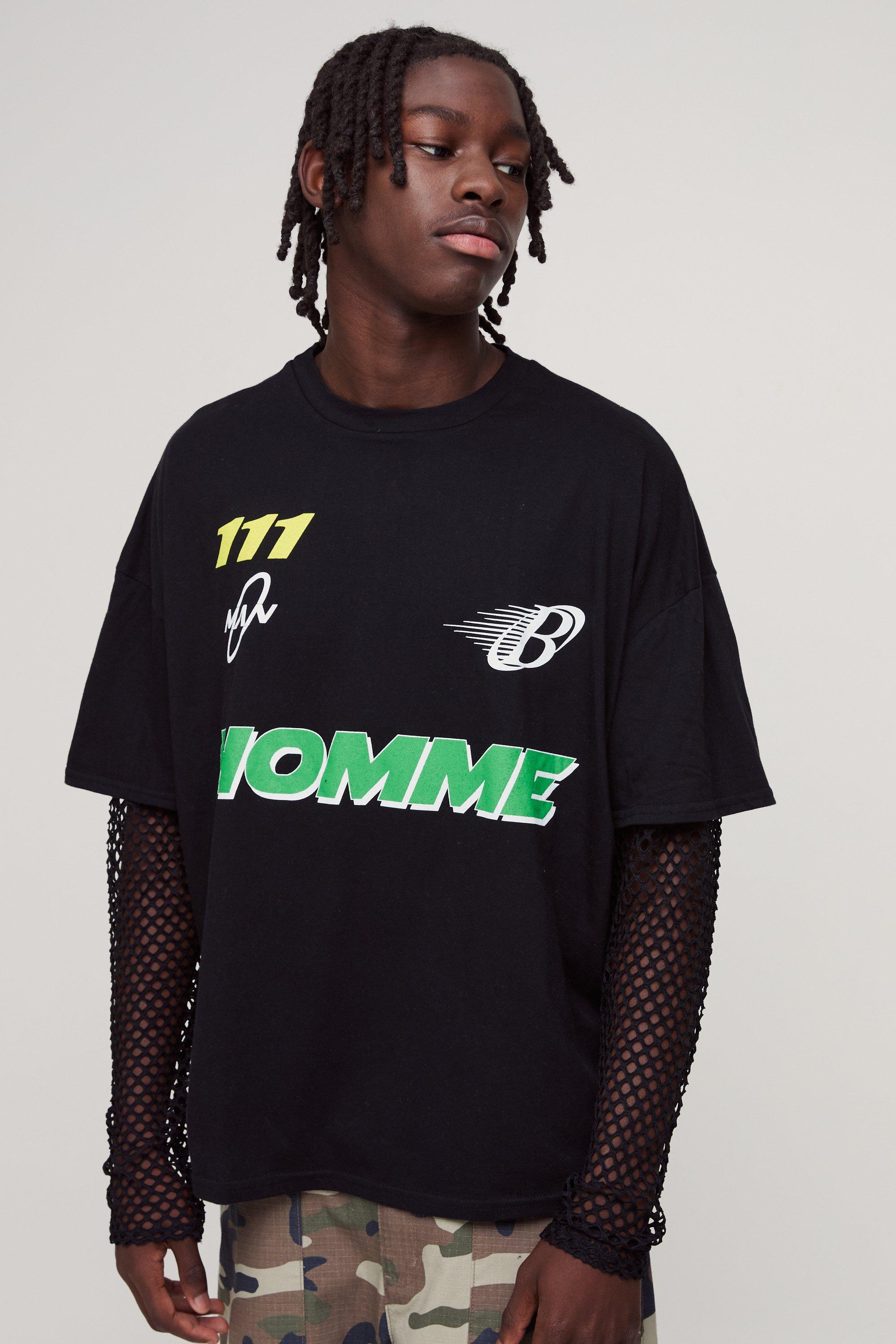 T-shirt oversize su due livelli con stampa Homme, Nero