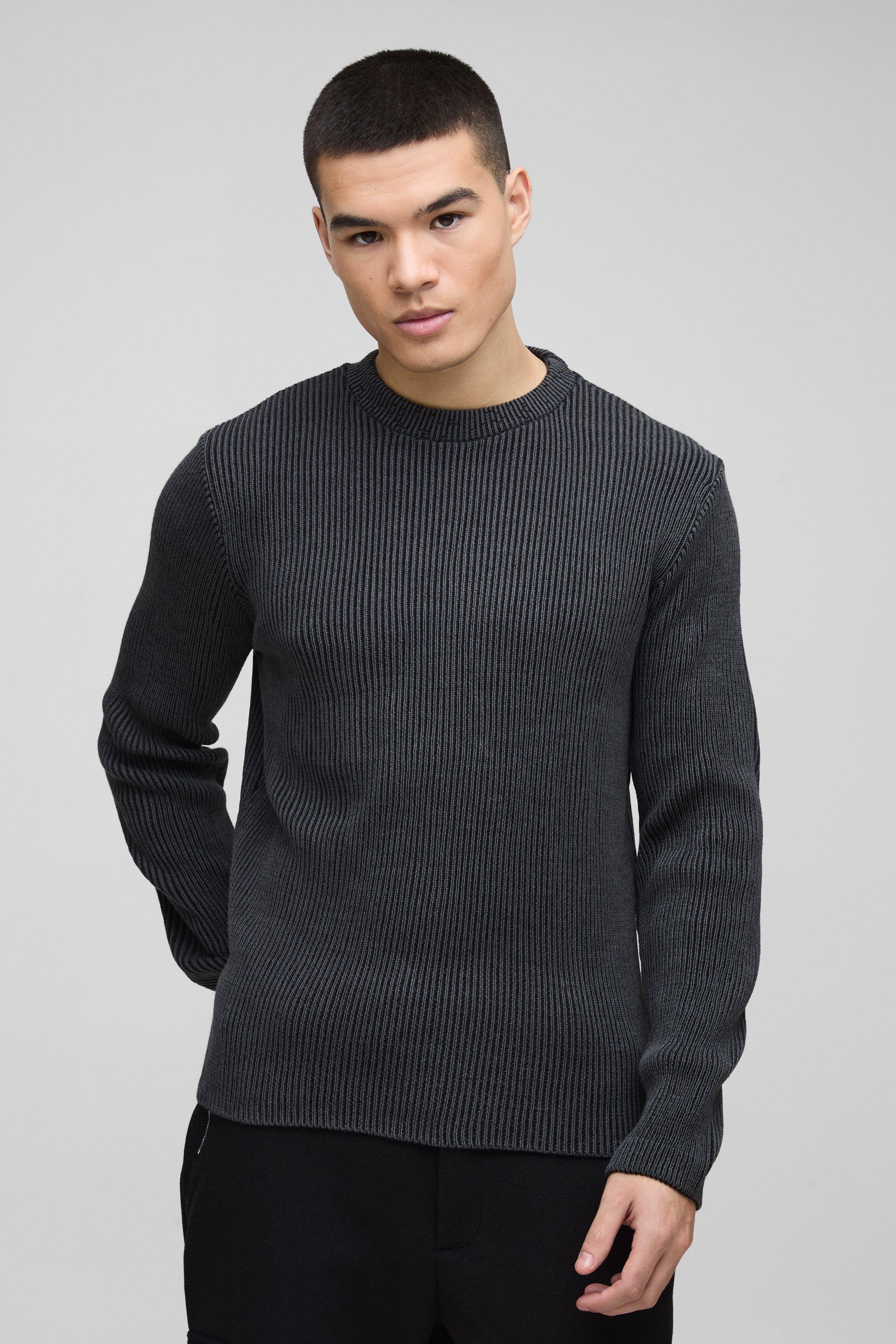 Regular Crew Neck Plated Ribbed Knit Jumper