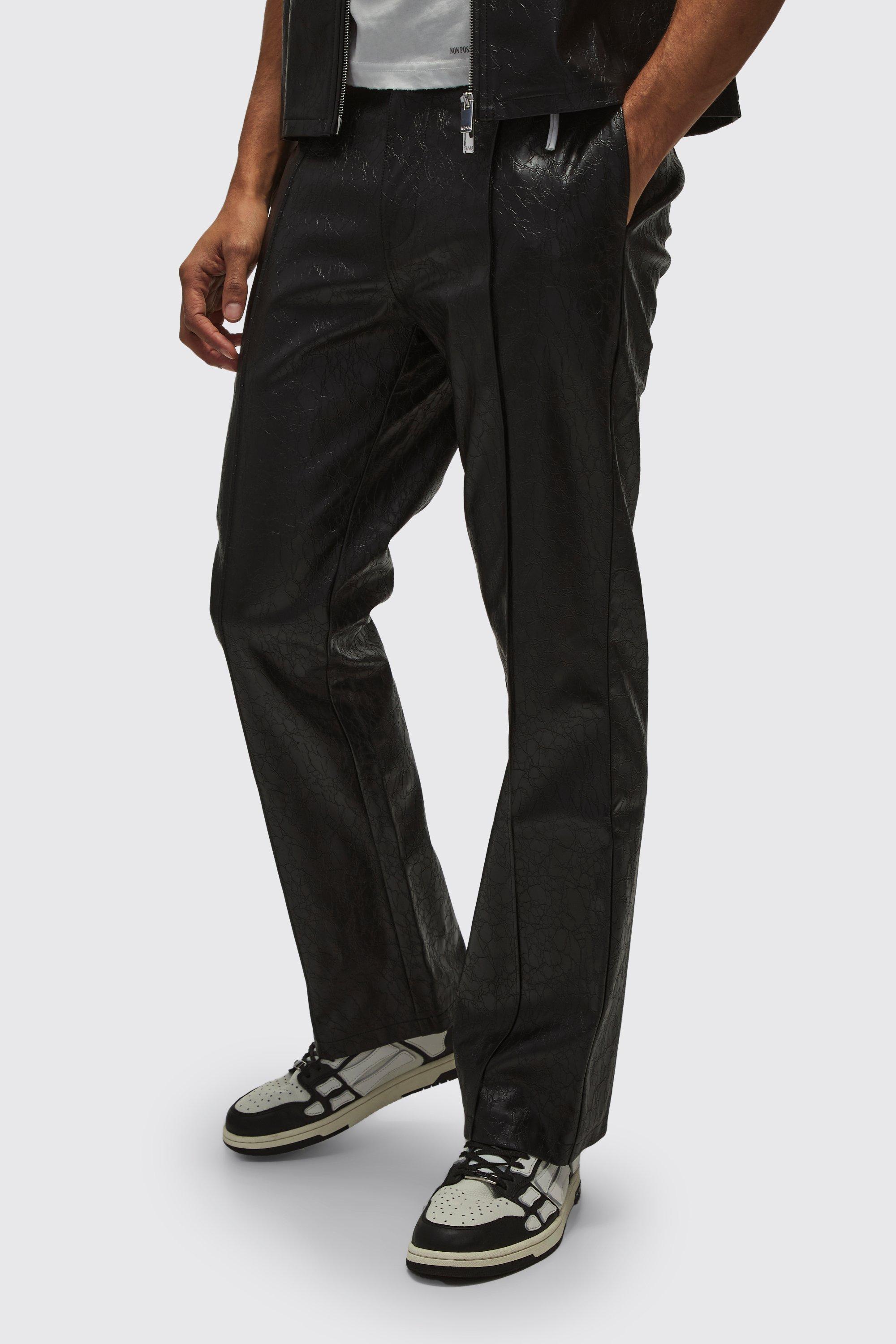 Mens Black Fixed Waist Flared Snake PU Trouser, Black