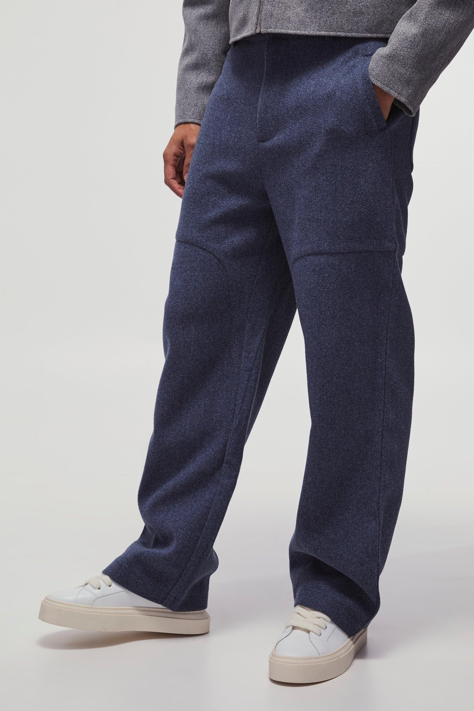 Mens Navy Wool Look Wide Leg Fixed Waist Trouser, Navy