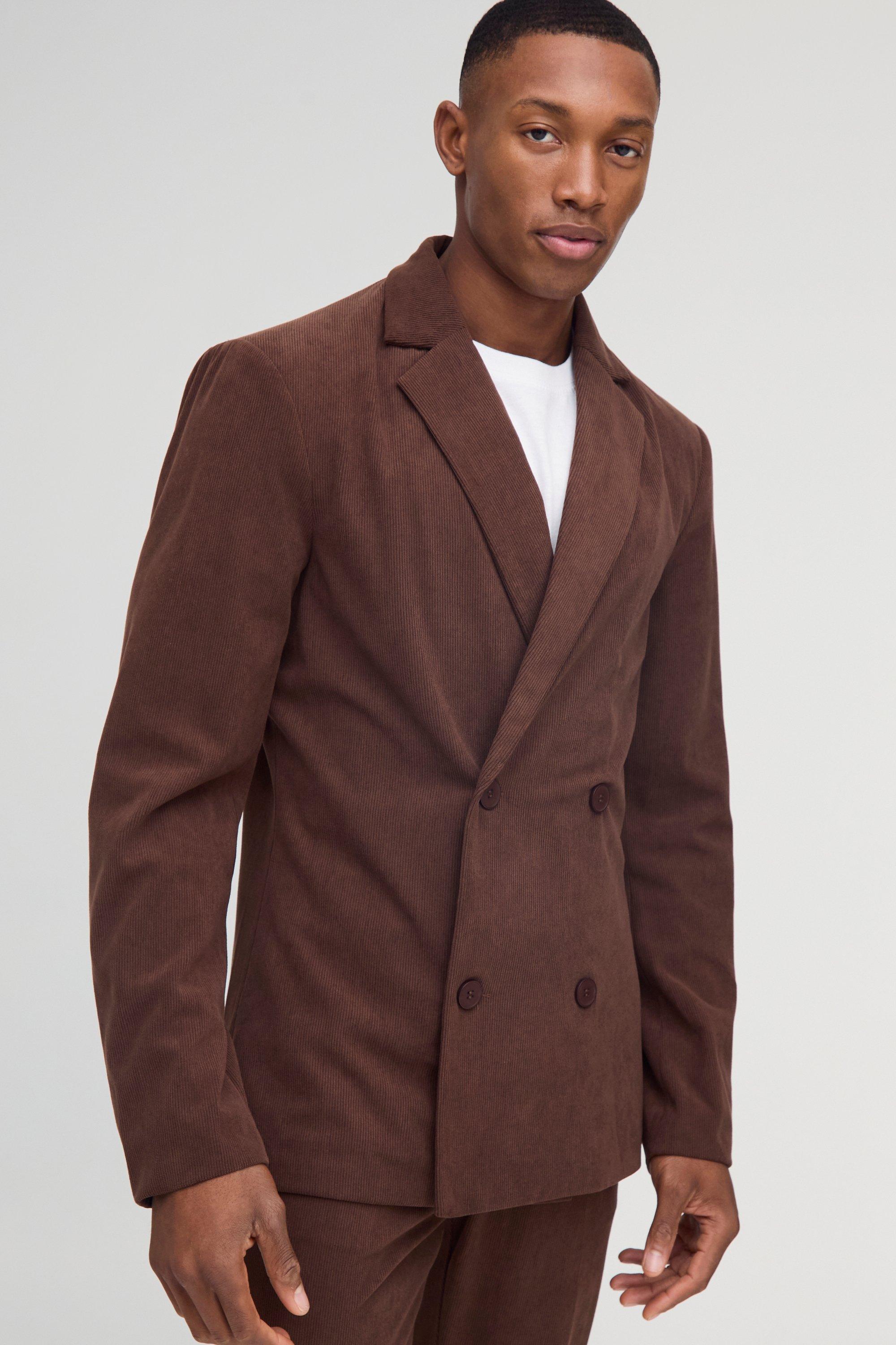 Blazer a doppiopetto Skinny Fit in velluto a coste, Brown