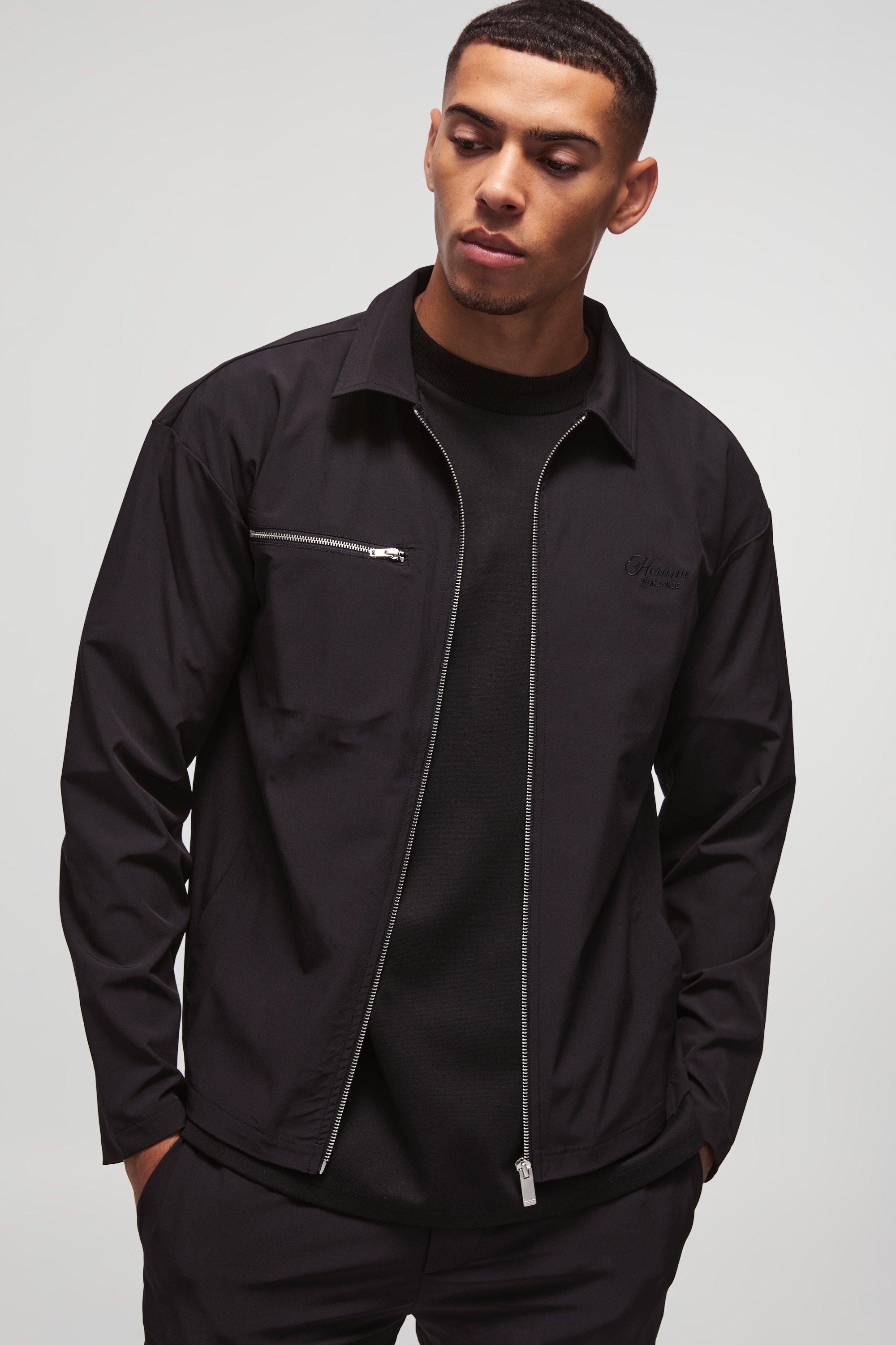 Mens Black Regular Fit Technical Stretch Homme Overshirt, Black