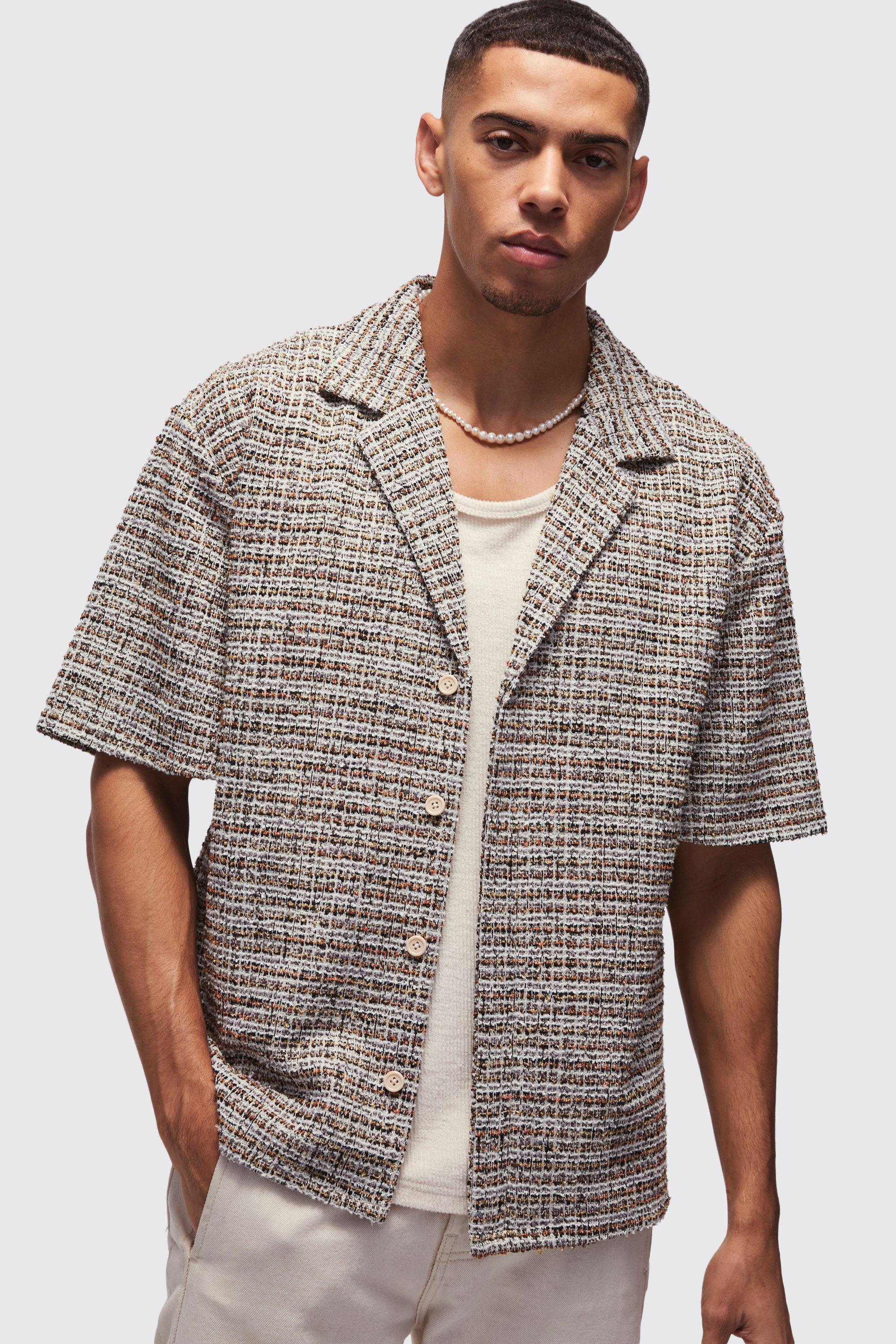 Mens Beige Oversized Boucle Dropped Revere Shirt, Beige
