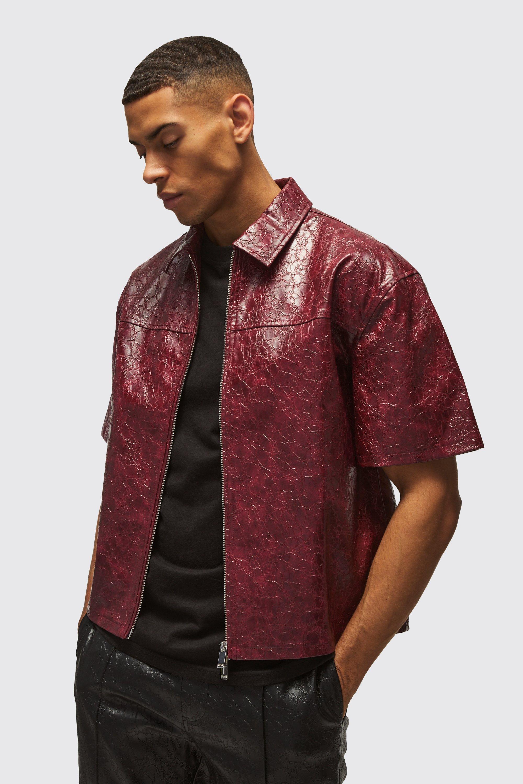 Image of Camicia squadrata oversize in PU effetto pelle di serpente, Rosso