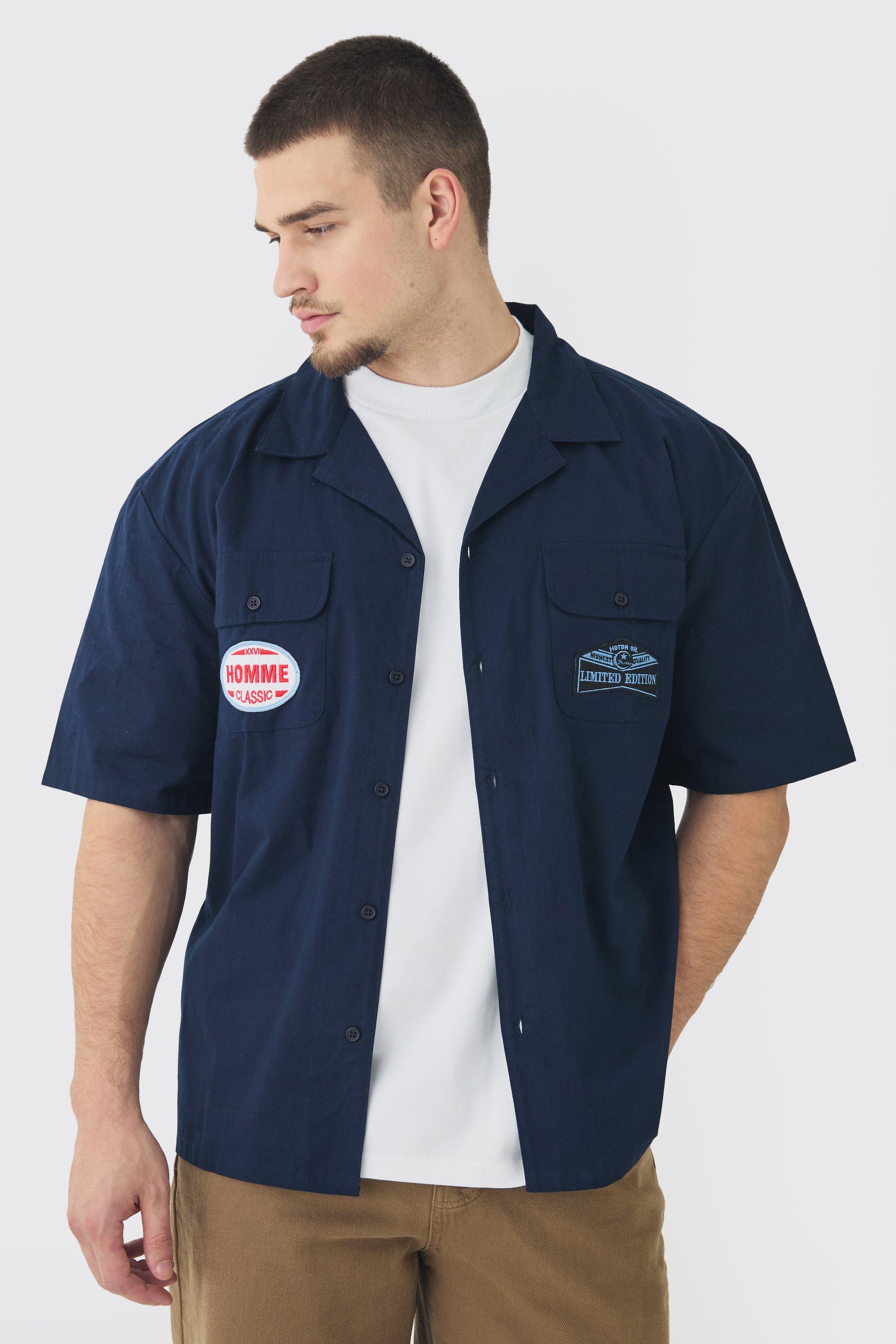 Mens Navy Tall Western Moto Applique Overshirt, Navy