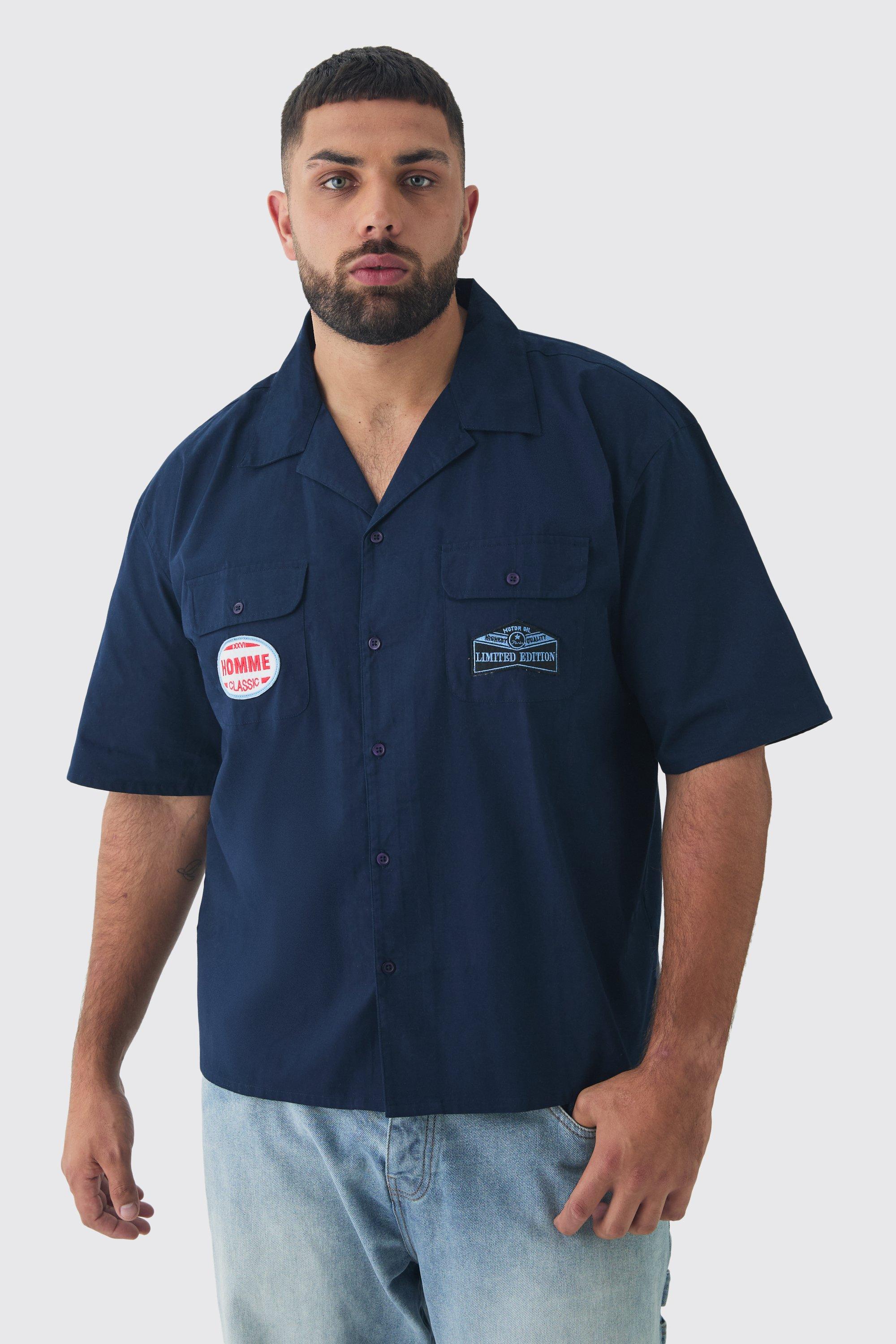 Mens Navy Plus Western Moto Applique Overshirt, Navy