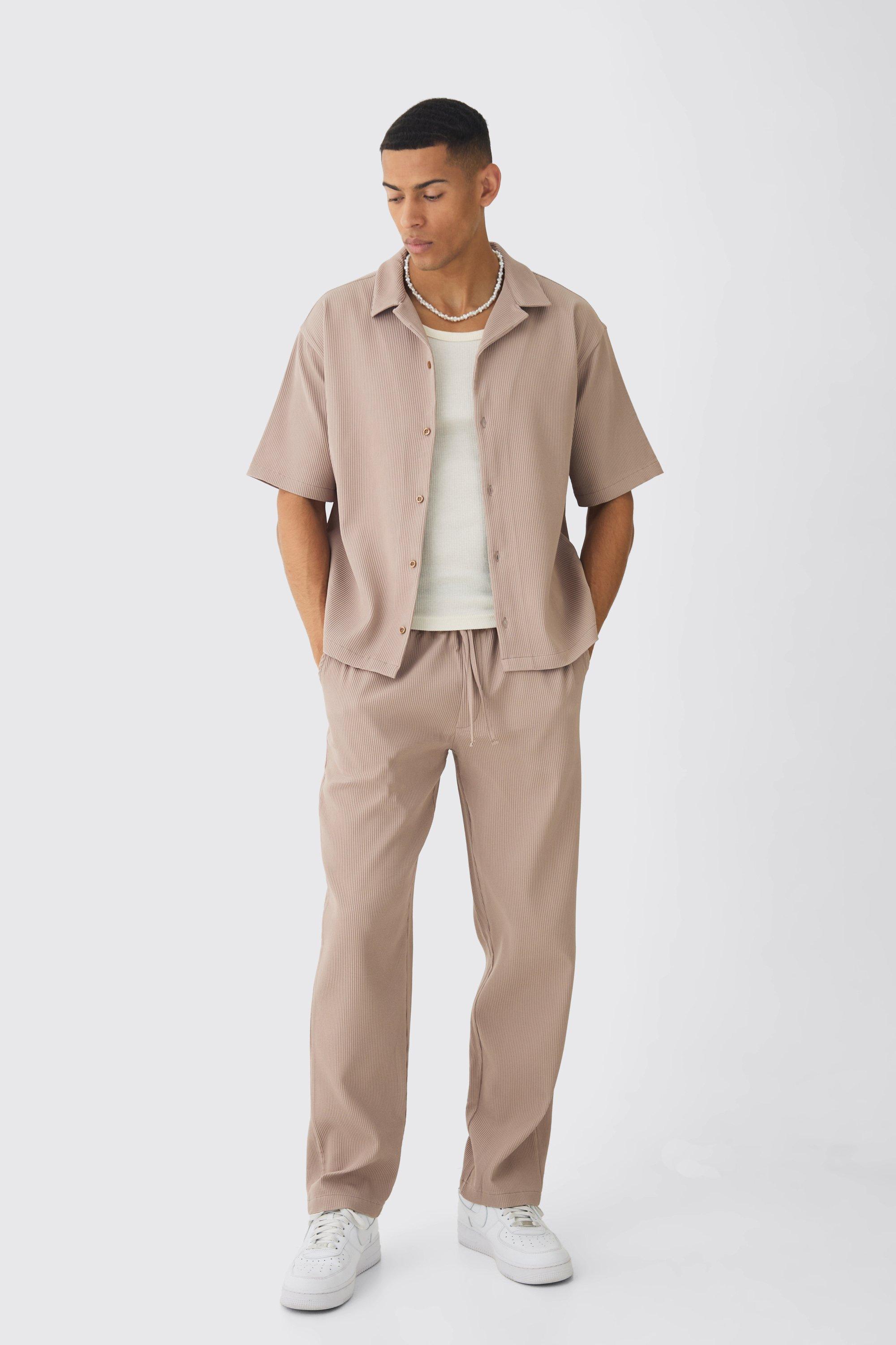 Mens Beige Oversized Short Sleeve Pleated Shirt & Straight Trouser, Beige