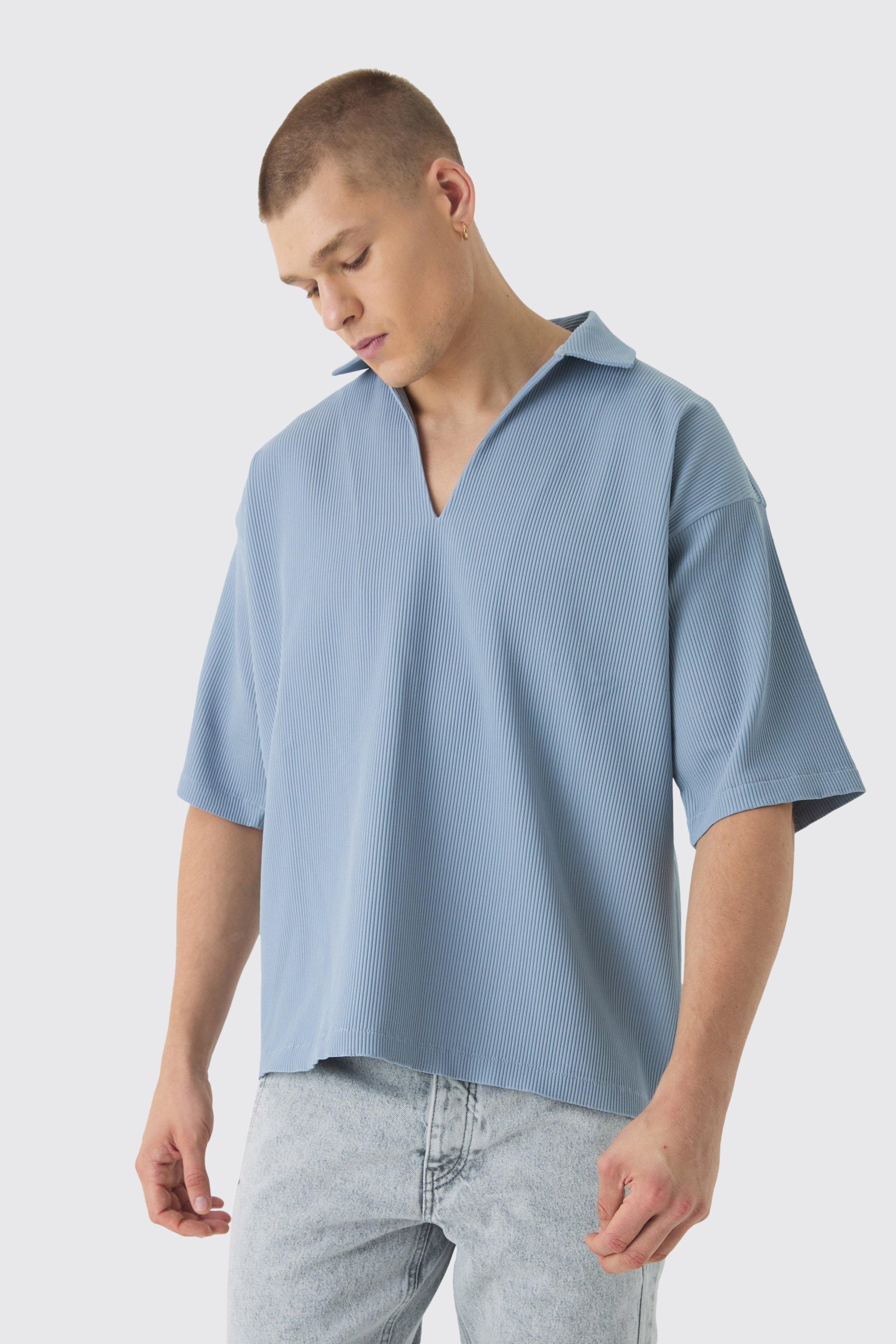 Camicia squadrata oversize a pieghe con scollo a V, Azzurro