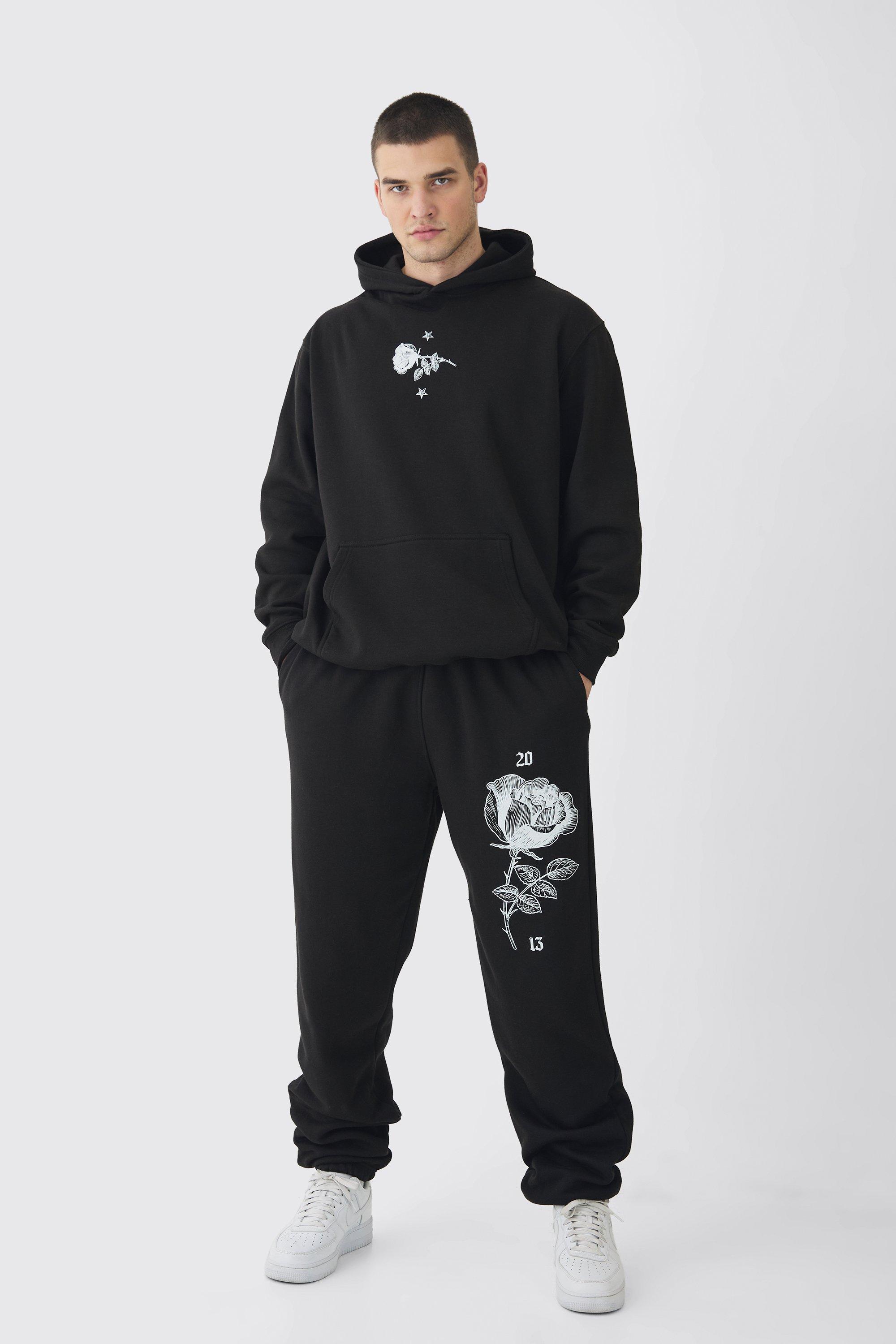 Mens Black Tall Pour Homme Rose Print Tracksuit, Black