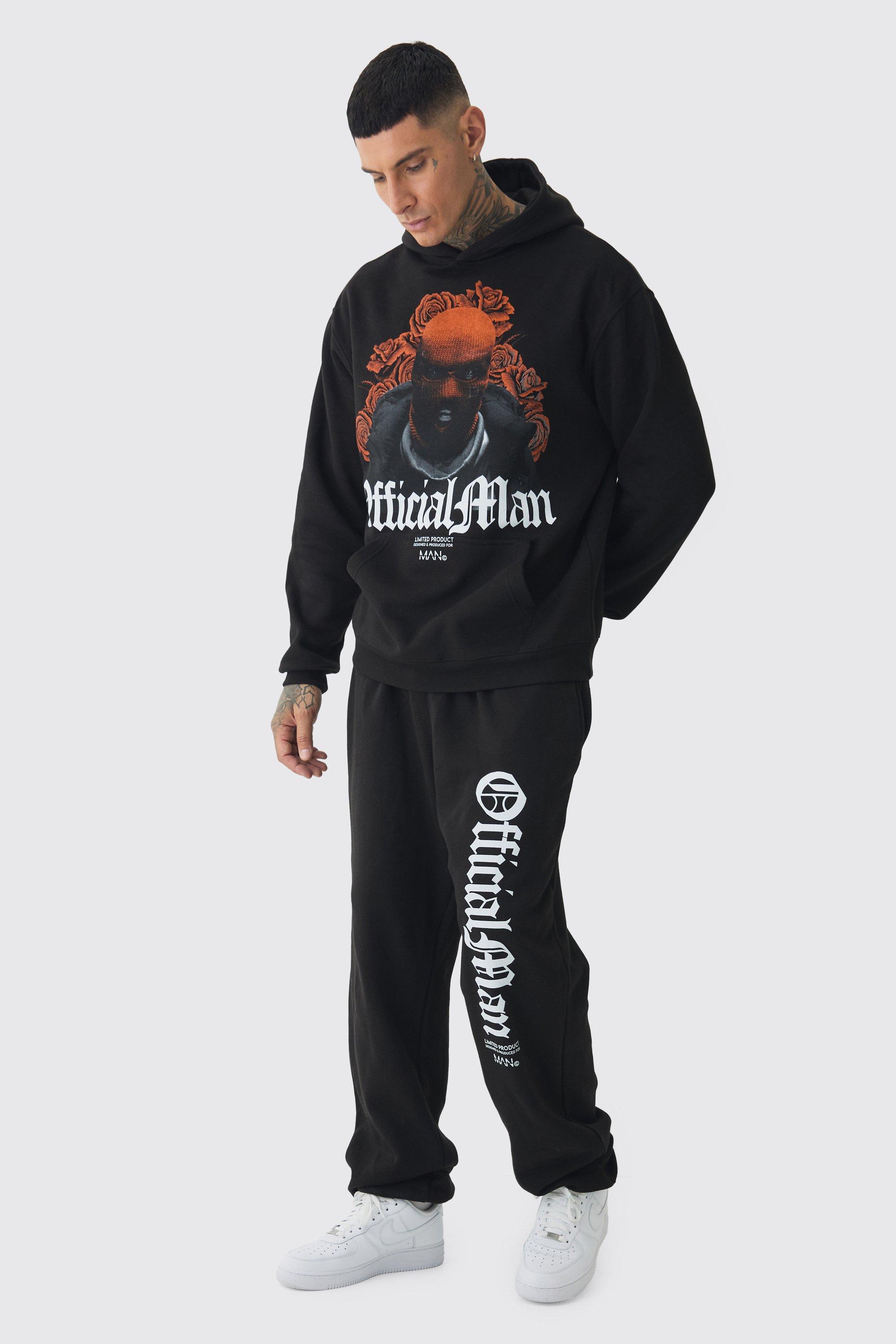 Mens Black Tall Balaclava Graphic Oversized Tracksuit, Black