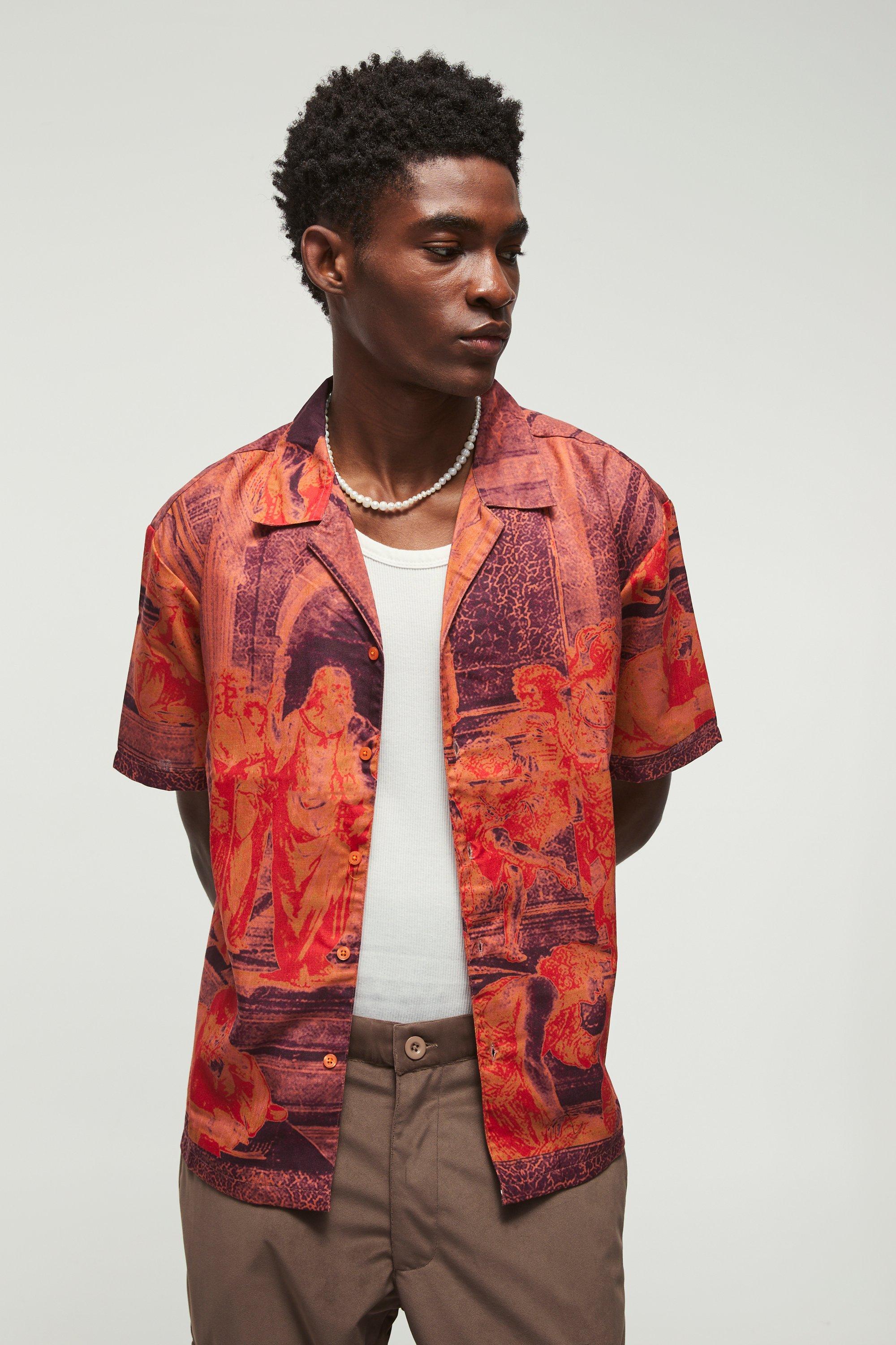 Mens Orange Short Sleeve Oversized Slub Painting Shirt, Orange