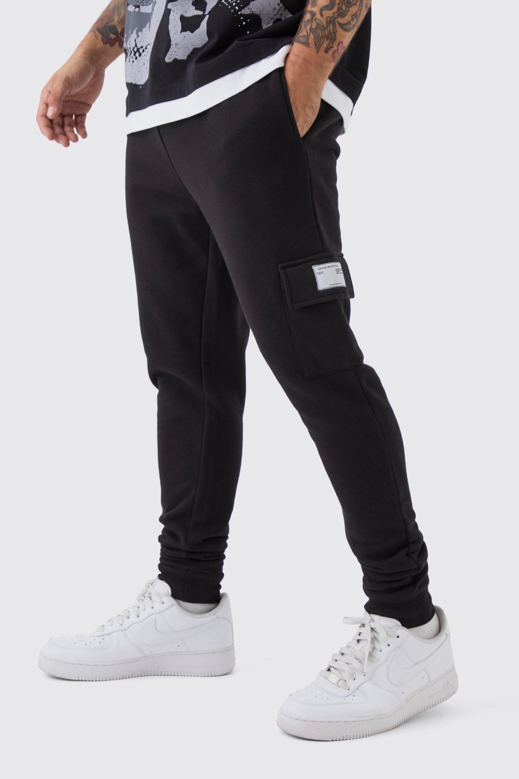 Mens Black Skinny Fit Woven Tab Basic Cargo Jogger, Black